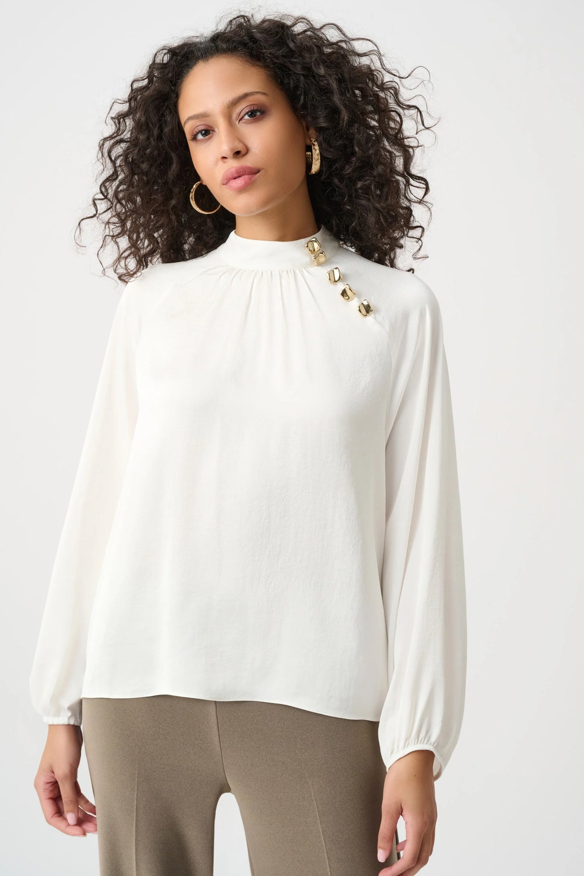Joseph Ribkoff Satin Stand-Collar Top in Winter White, style 263020 shown at a three-quarter angle