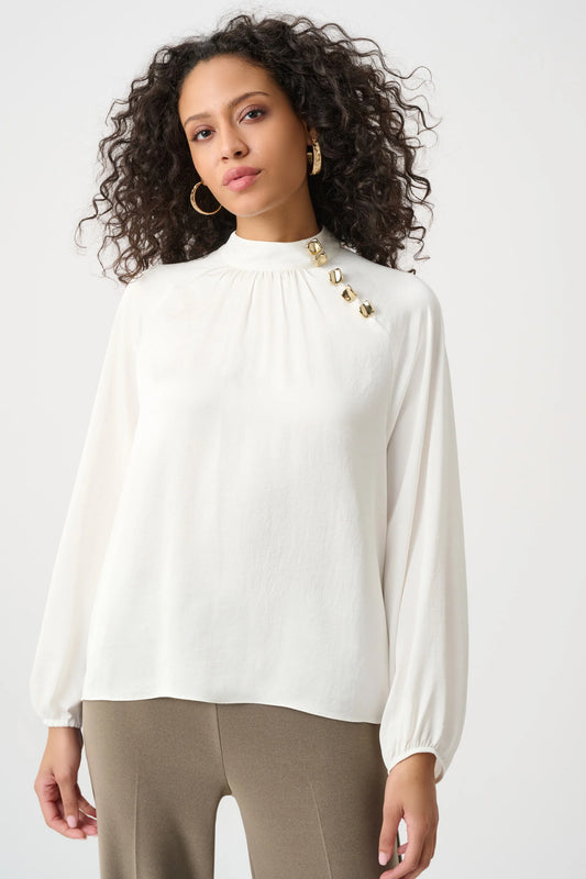 Joseph Ribkoff Satin Stand-Collar Top in Winter White, style 263020 shown at a three-quarter angle
