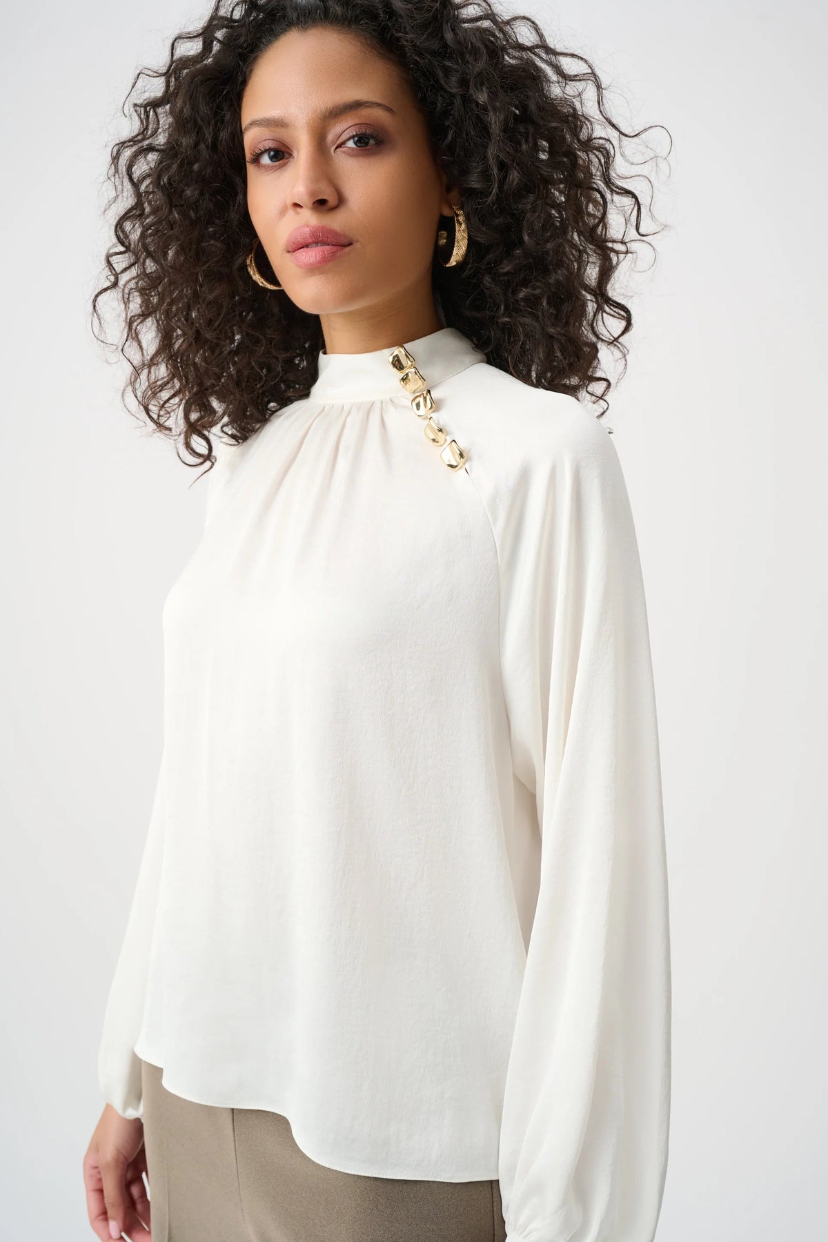 Joseph Ribkoff Satin Stand-Collar Top in Winter White, style 263020 shown from the front