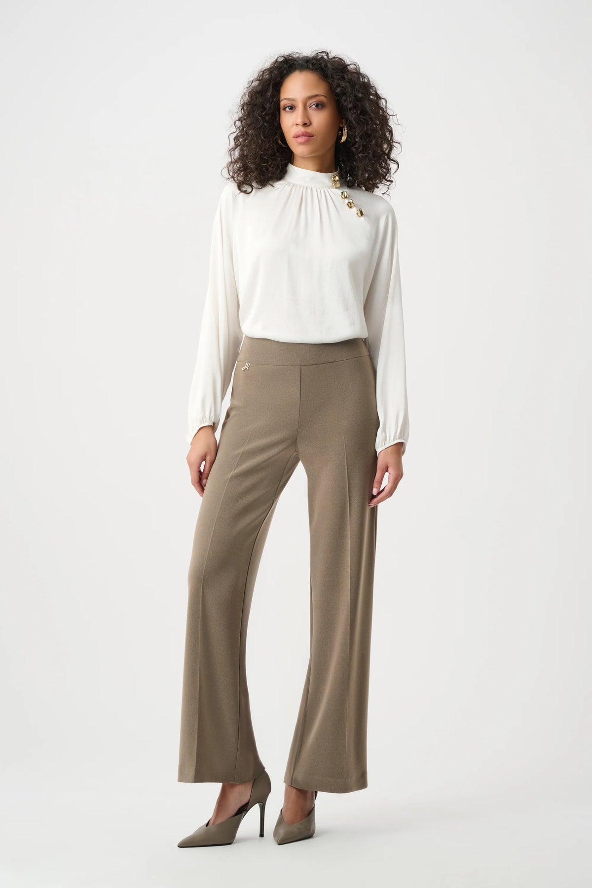 Full styled view featuring Joseph Ribkoff Satin Stand-Collar Top in Winter White, style 263020