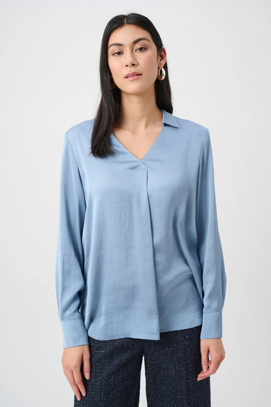 Joseph Ribkoff Recycled Satin Shirt-Collar Tunic in Chambray, style 263025 front view
