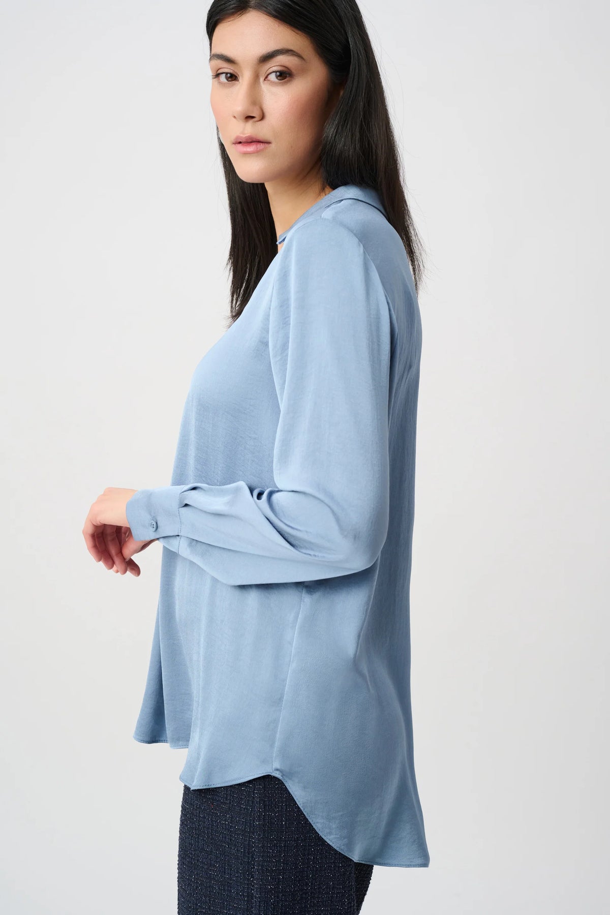 Joseph Ribkoff Recycled Satin Shirt-Collar Tunic in Chambray, style 263025 three-quarter model view side view