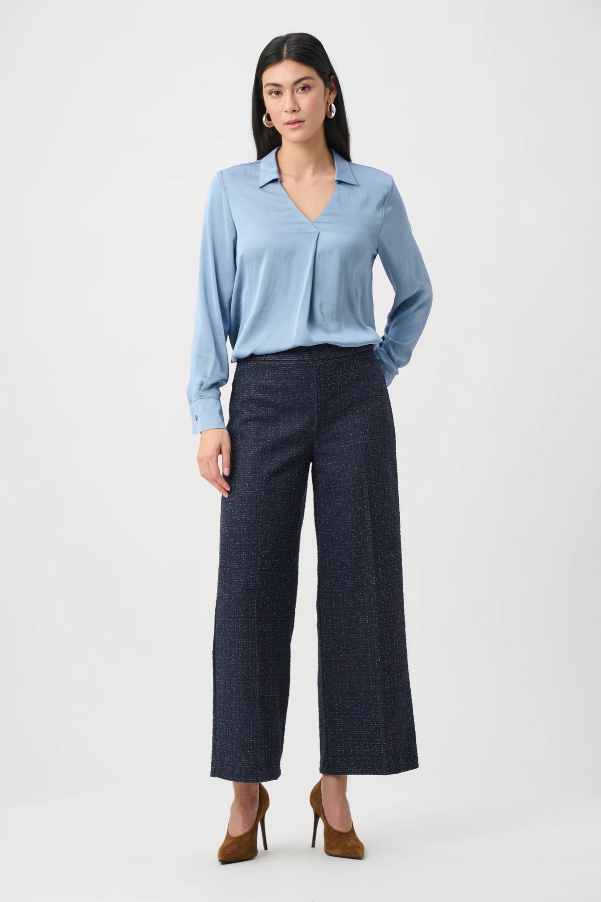 Joseph Ribkoff Recycled Satin Shirt-Collar Tunic in Chambray, style 263025 three-quarter model view