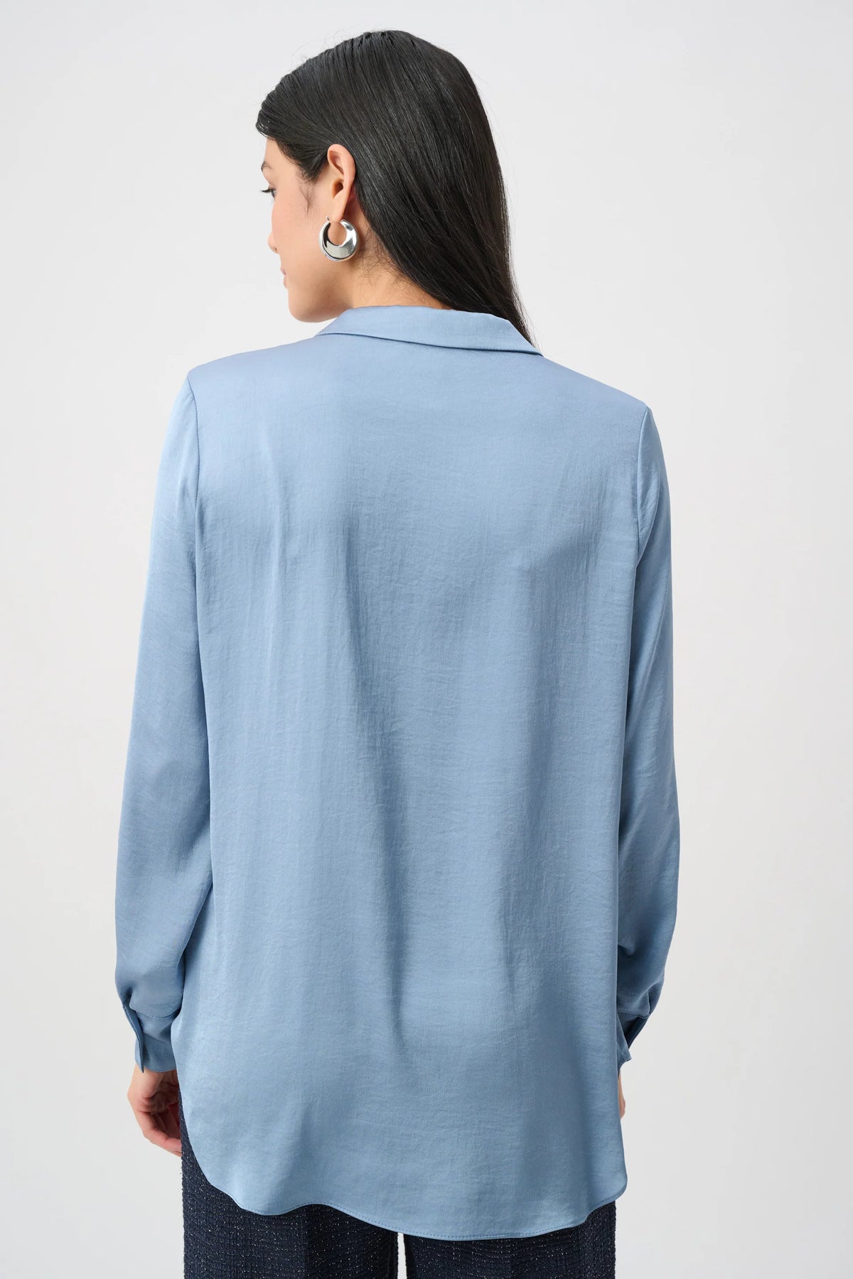 Joseph Ribkoff Recycled Satin Shirt-Collar Tunic in Chambray, style 263025 back view