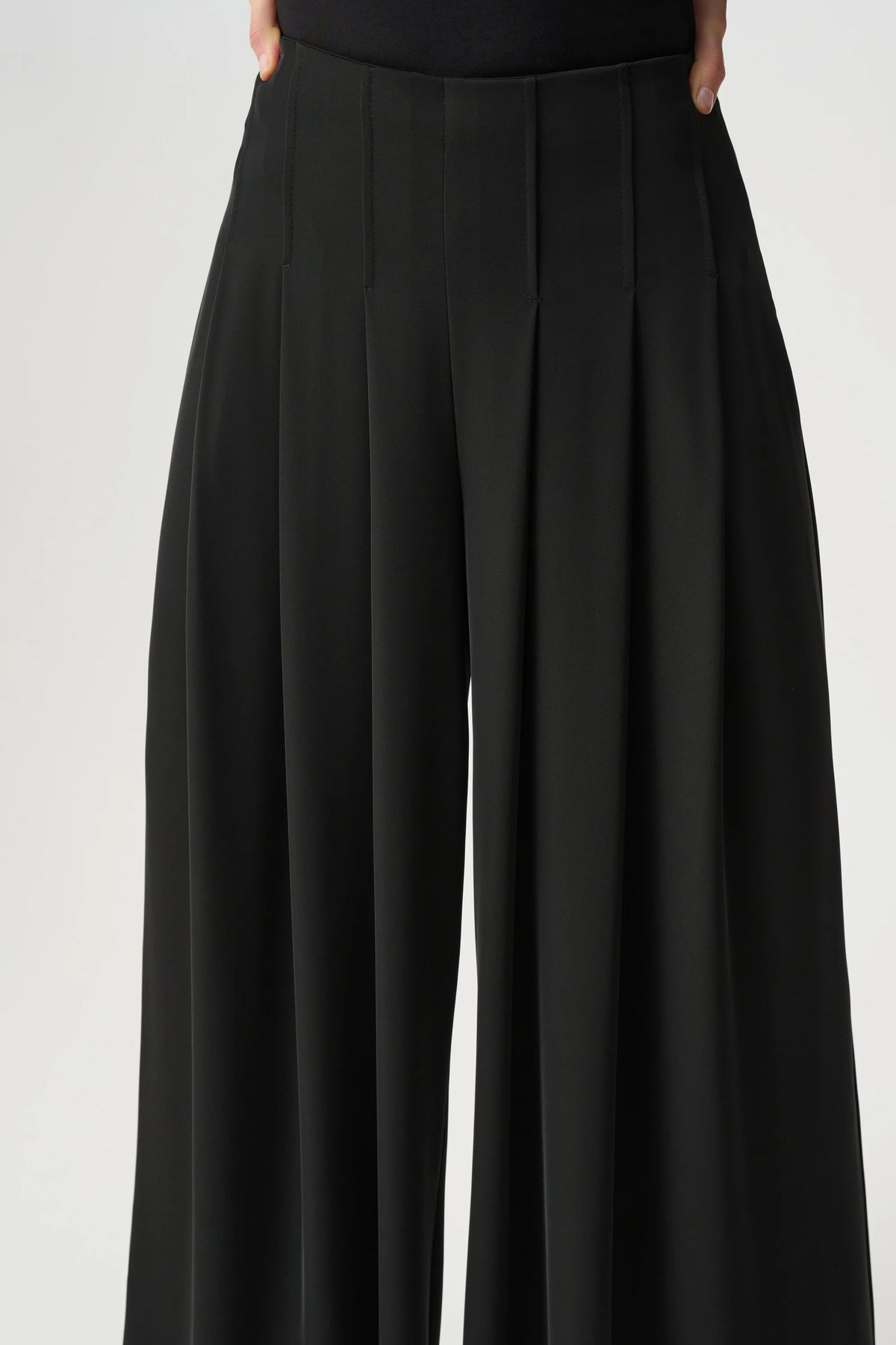 Close-up of waist  and upper-body details on Joseph Ribkoff Pleated Wide-Leg Pants in Black, style 263040