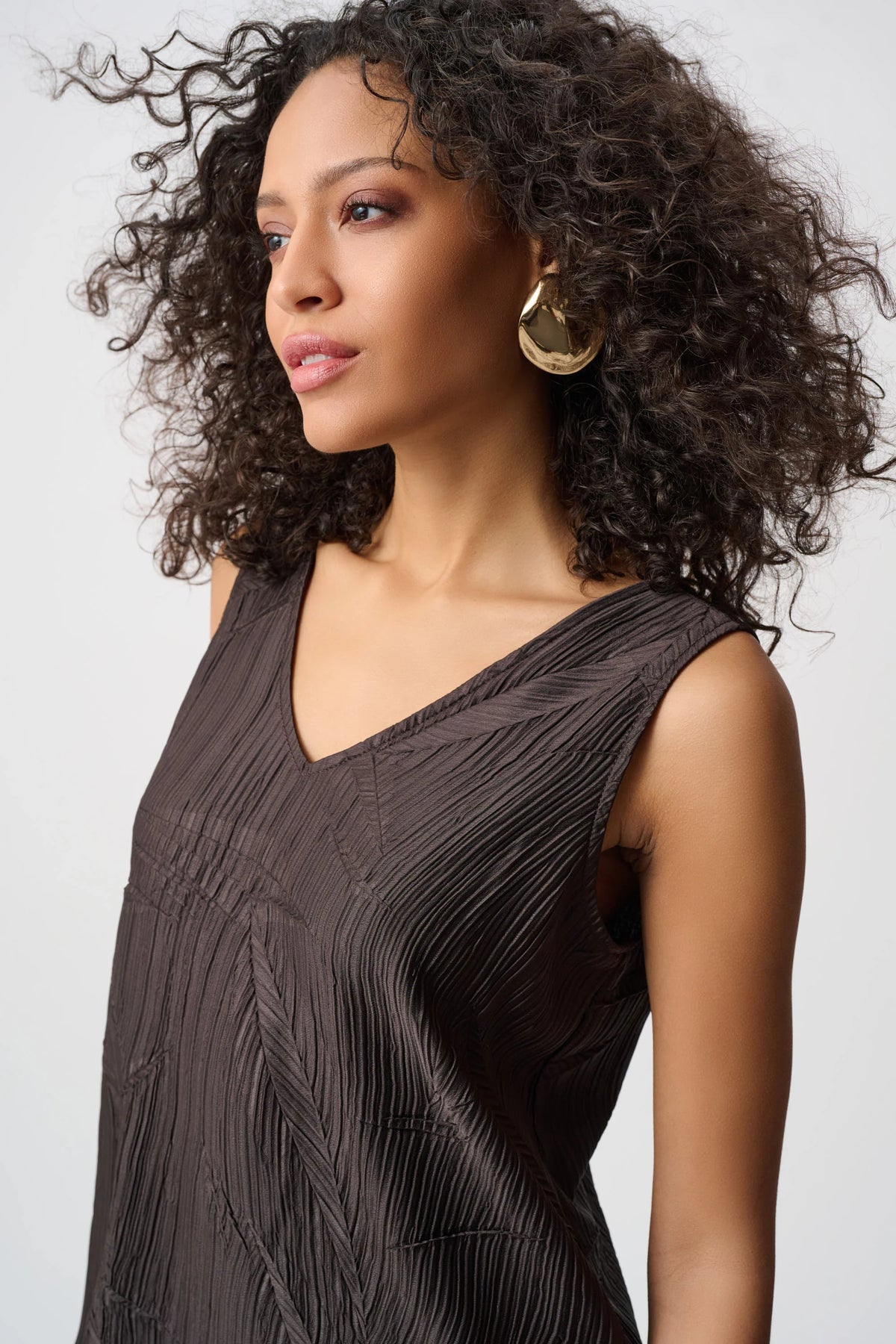 Pleated Satin Flared V-neck Top