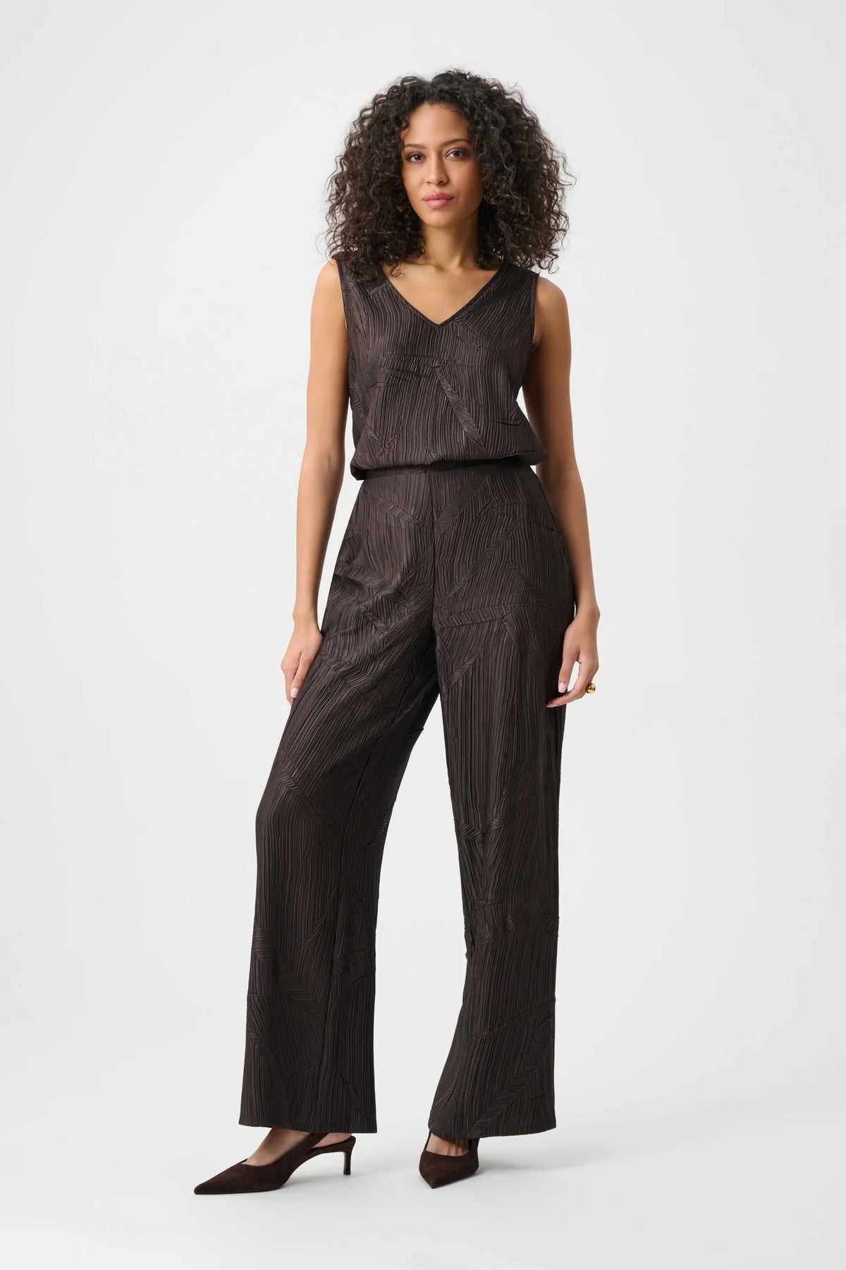 Pleated Satin Flared V-neck Top