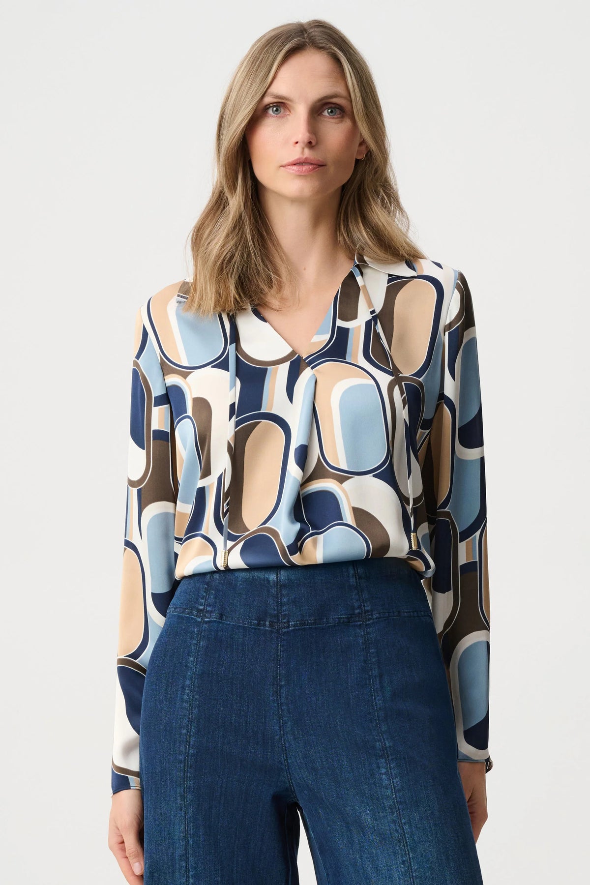 Joseph Ribkoff Geometric V-Neck Collar Blouse in Off-White/Multi, style 263071 front view