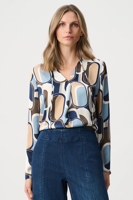 Joseph Ribkoff Geometric V-Neck Collar Blouse in Off-White/Multi, style 263071 front view