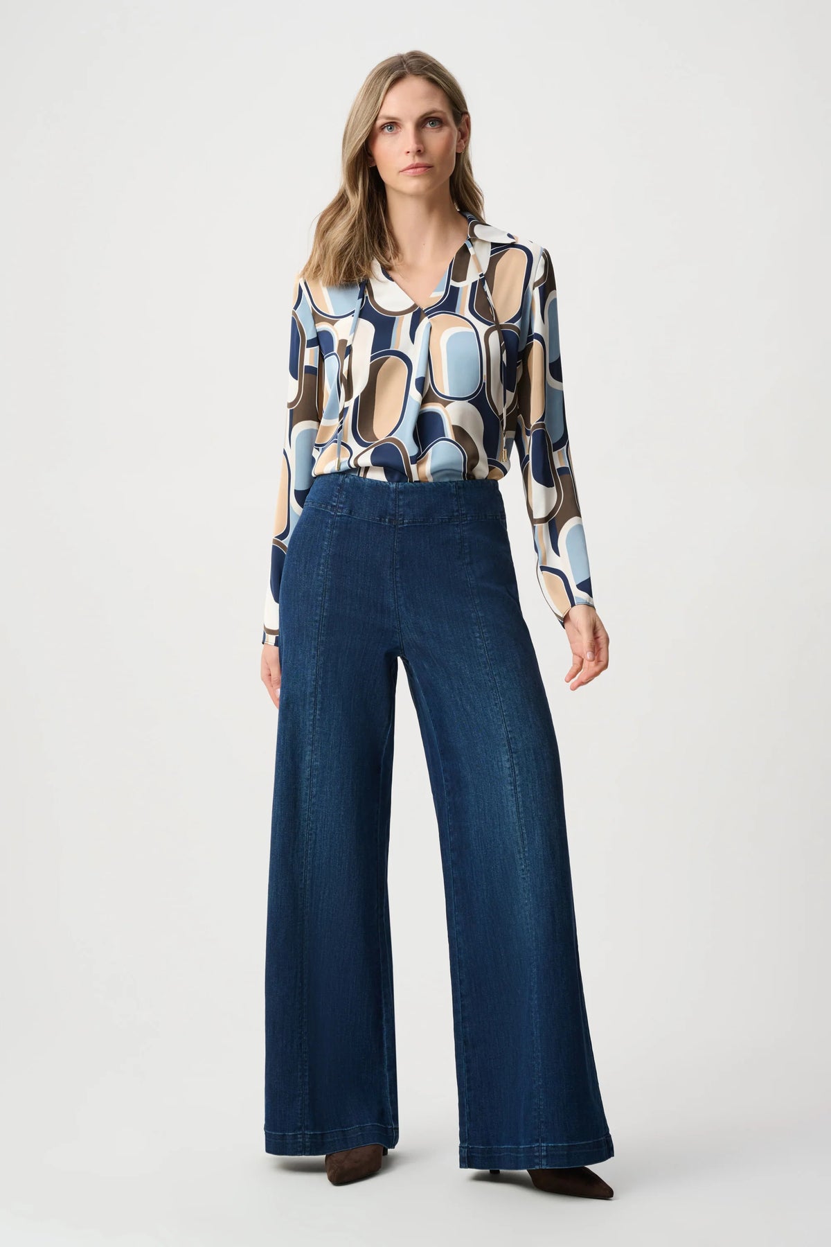 Styled outfit view featuring Joseph Ribkoff Geometric V-Neck Collar Blouse in Off-White/Multi, style 263071