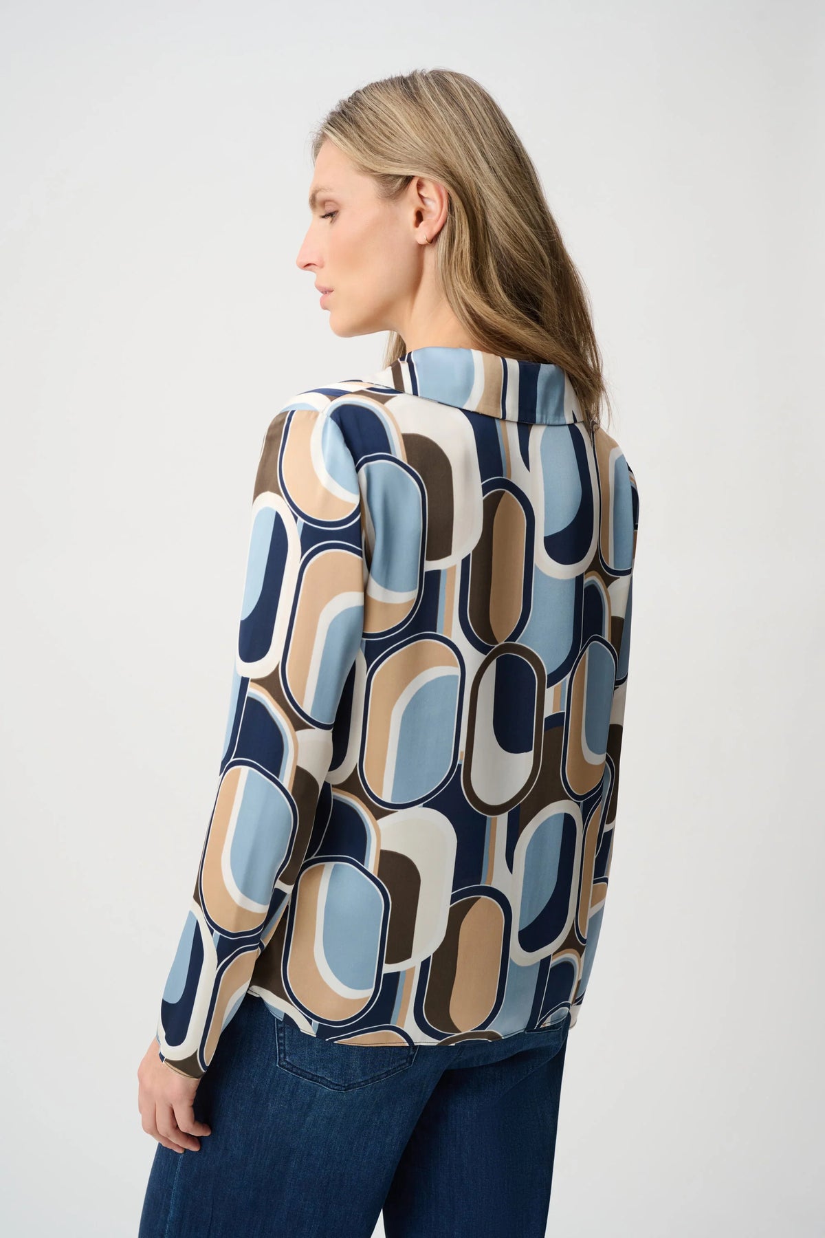 Joseph Ribkoff Geometric V-Neck Collar Blouse in Off-White/Multi, style 263071 back view