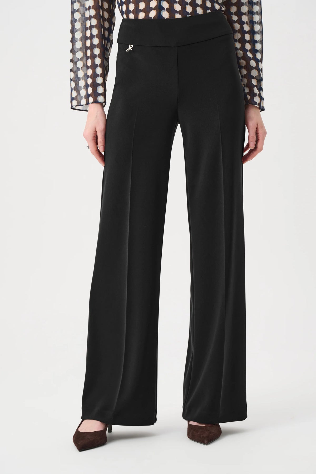 Joseph Ribkoff Silky Knit Wide-Leg Pull-On Pants in black style 263074 side view showing the leg silhouette