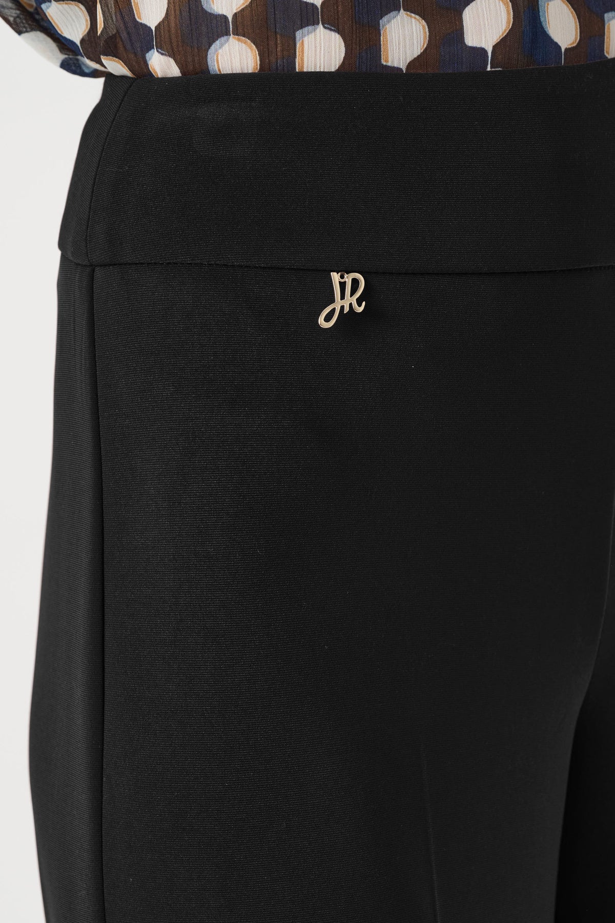 Close-up of fabric and leg detailing on Joseph Ribkoff Silky Knit Wide-Leg Pull-On Pants in black, style 263074
