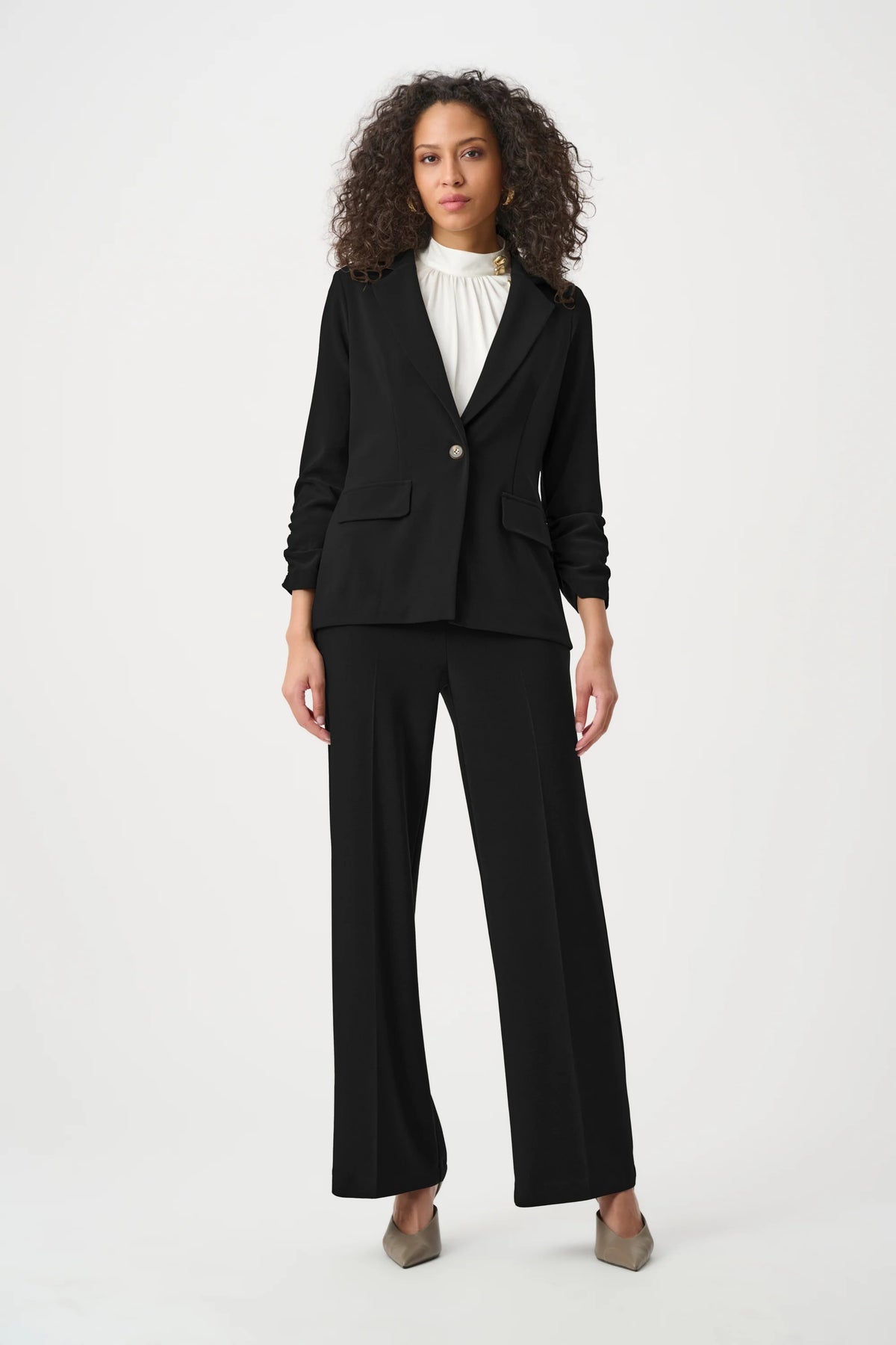 Full-length styled outfit featuring Joseph Ribkoff Silky Knit Wide-Leg Pull-On Pants in black, style 263074