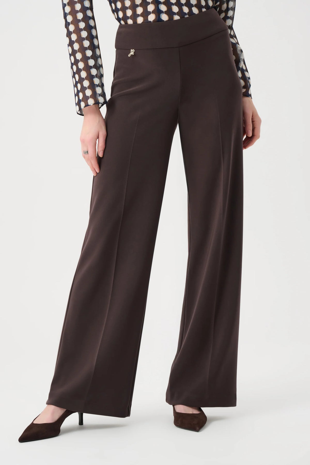 Joseph Ribkoff Silky Knit Wide-Leg Pull-On Pants in Mocha, style 263074 side view showing the leg silhouette