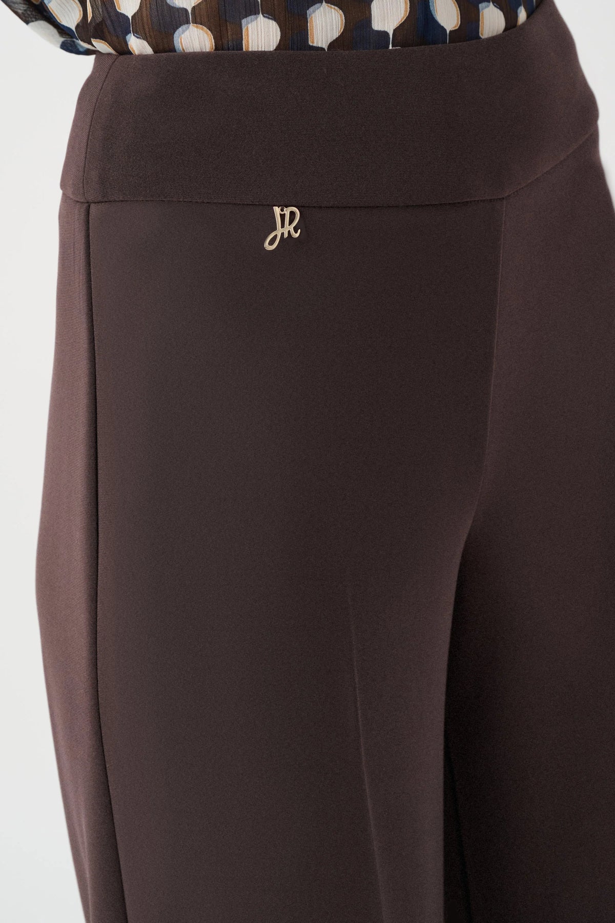 Close-up of fabric and leg detailing on Joseph Ribkoff Silky Knit Wide-Leg Pull-On Pants in Mocha, style 263074