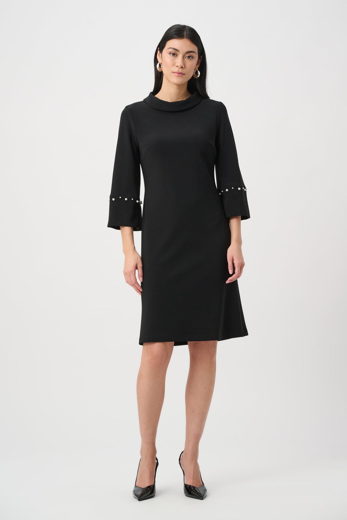 Joseph Ribkoff A-Line Dress With Pearl Detail in Black, style 263115 shown from the front