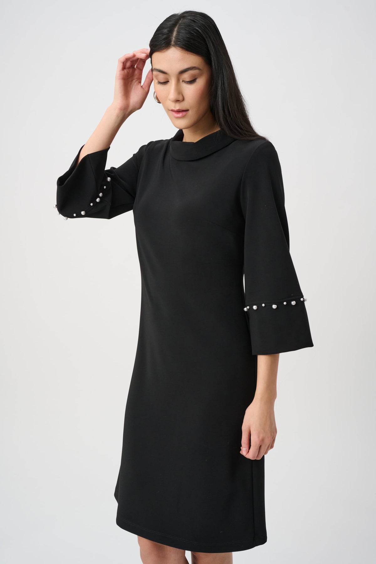 Joseph Ribkoff A-Line Dress With Pearl Detail in Black, style 263115 shown at a side angle