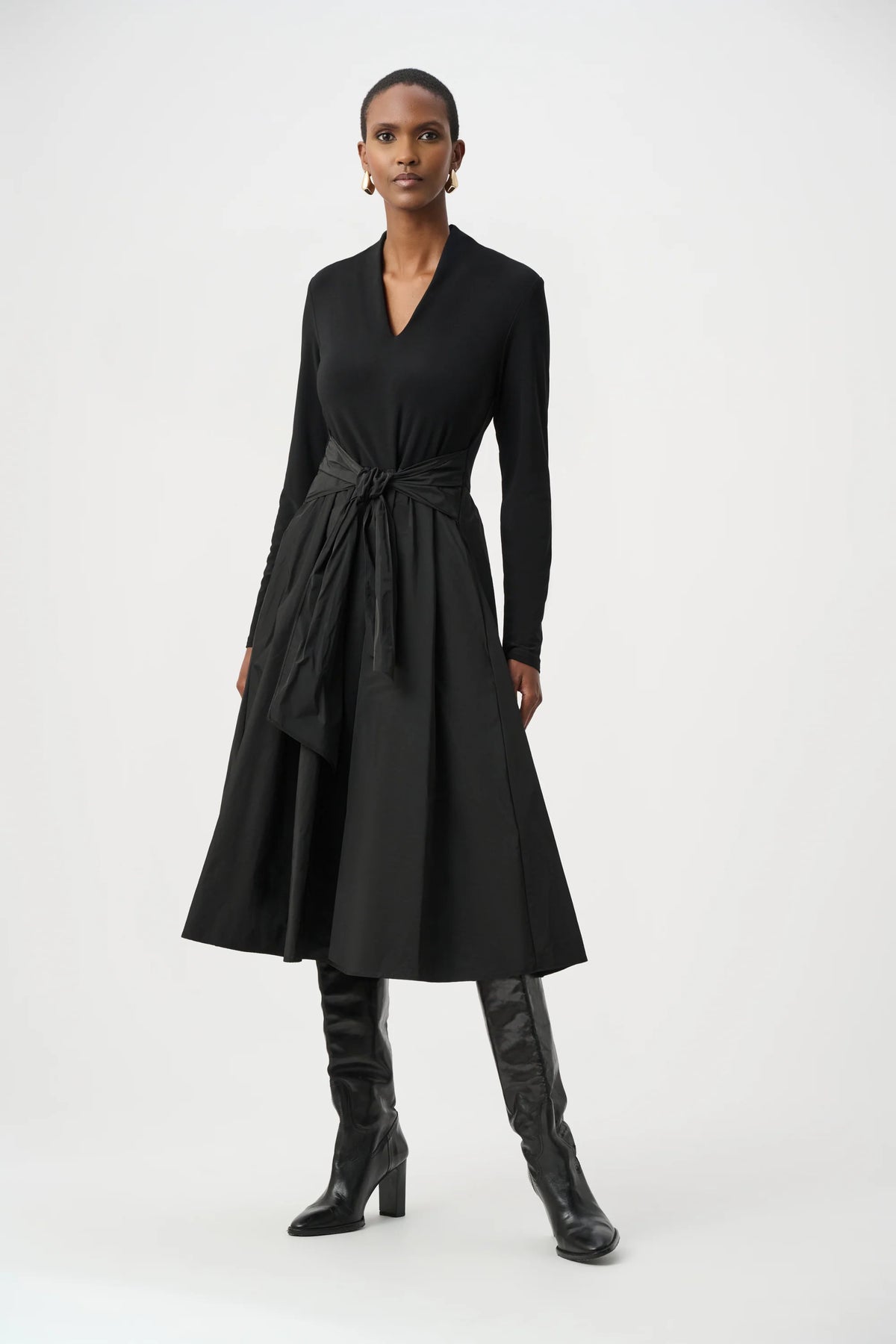 Full-length styled view of Joseph Ribkoff Fit & Flare V-Neck Dress in Black, style 263145