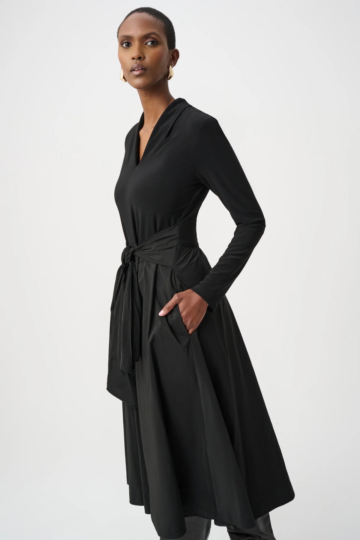 Joseph Ribkoff Fit & Flare V-Neck Dress in black, style 263145 three-quarter view showing the silhouette