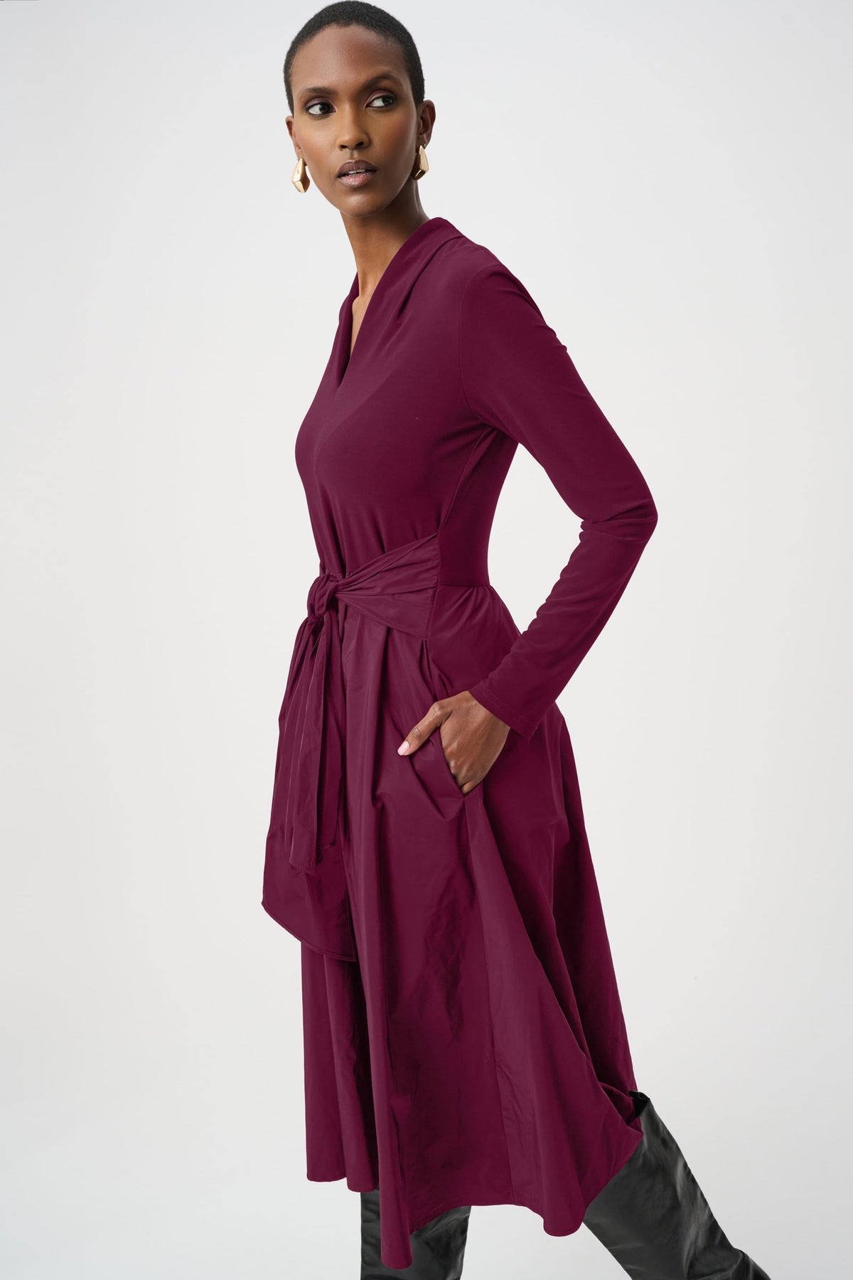Joseph Ribkoff Fit & Flare V-Neck Dress in Elderberry, style 263145 three-quarter view showing the silhouette