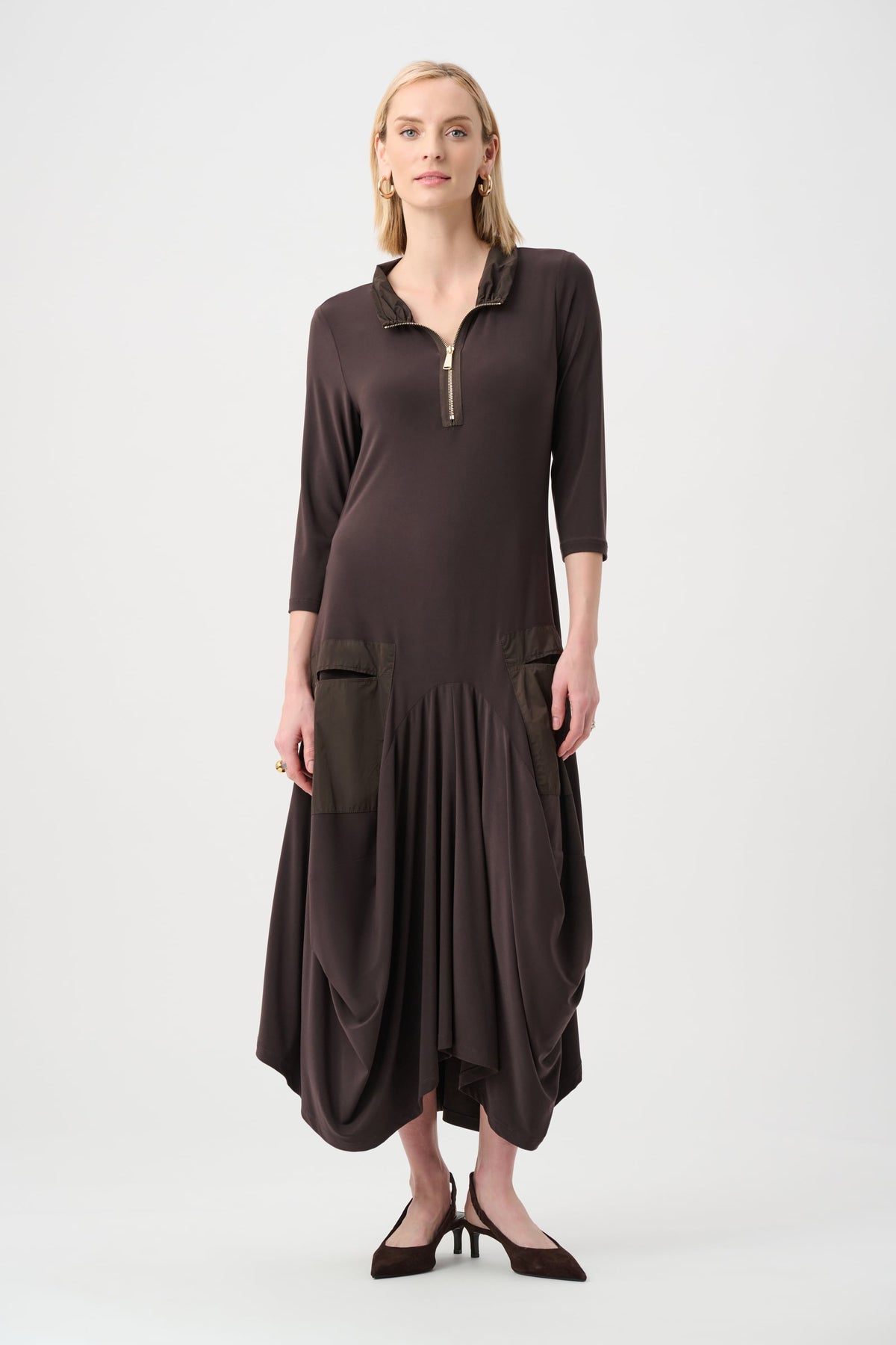 Joseph Ribkoff Draped Quarter-Zip Midi Dress in Mocha, style 263159 front model view