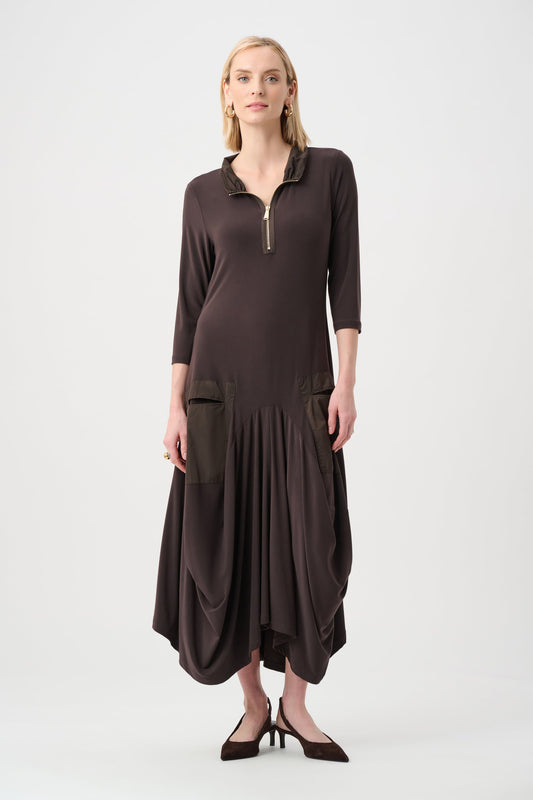 Joseph Ribkoff Draped Quarter-Zip Midi Dress in Mocha, style 263159 front model view