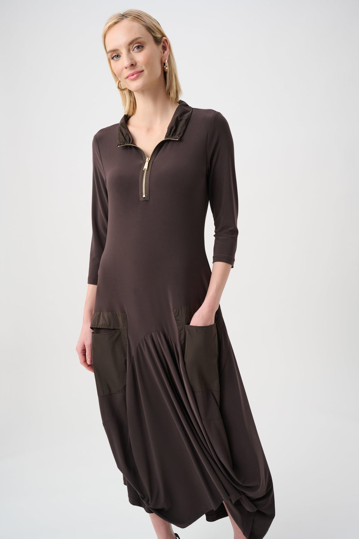 Joseph Ribkoff Draped Quarter-Zip Midi Dress in Mocha, style 263159 three-quarter view showing the silhouette