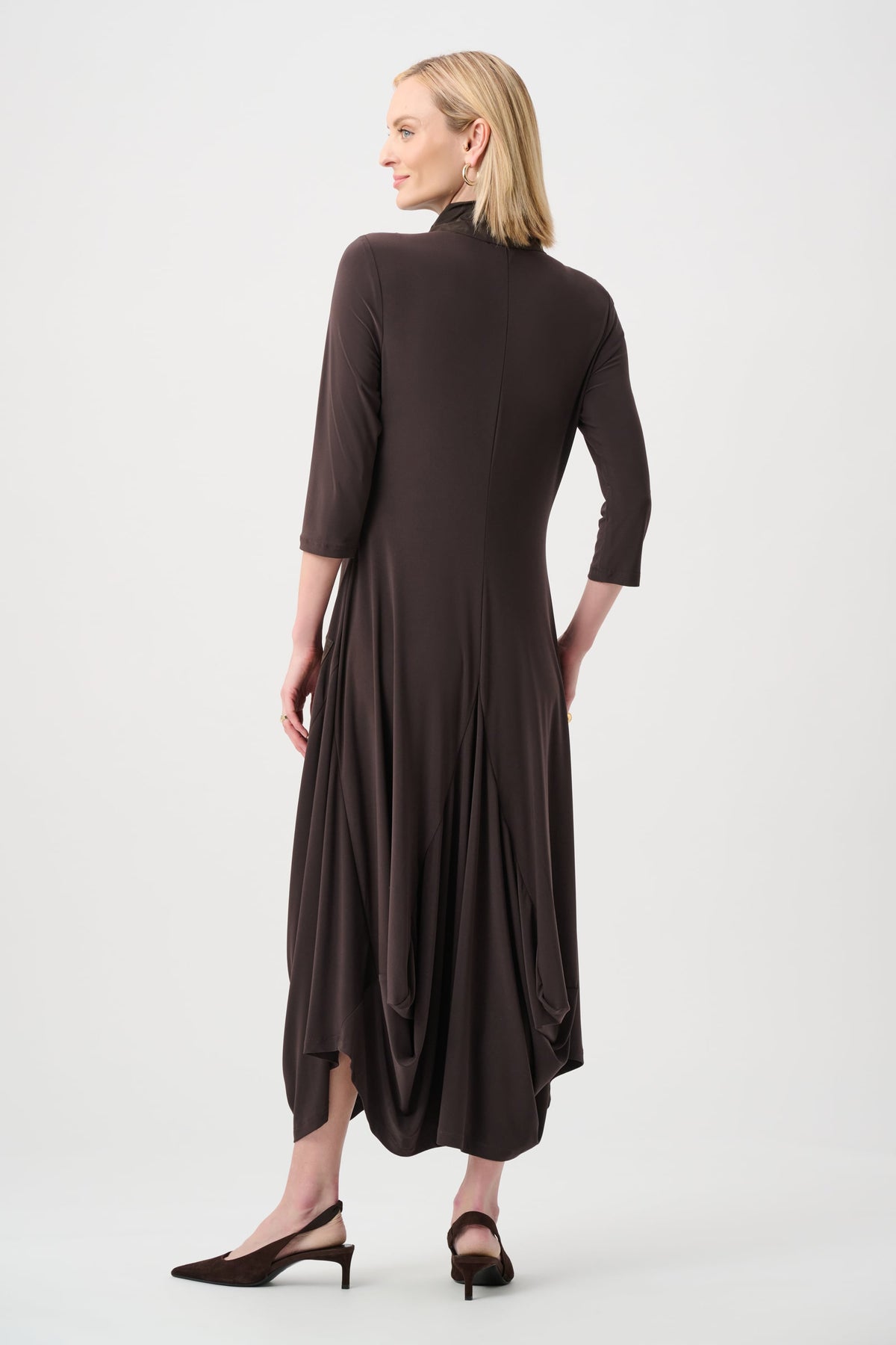 Joseph Ribkoff Draped Quarter-Zip Midi Dress in Mocha, style 263159 back view
