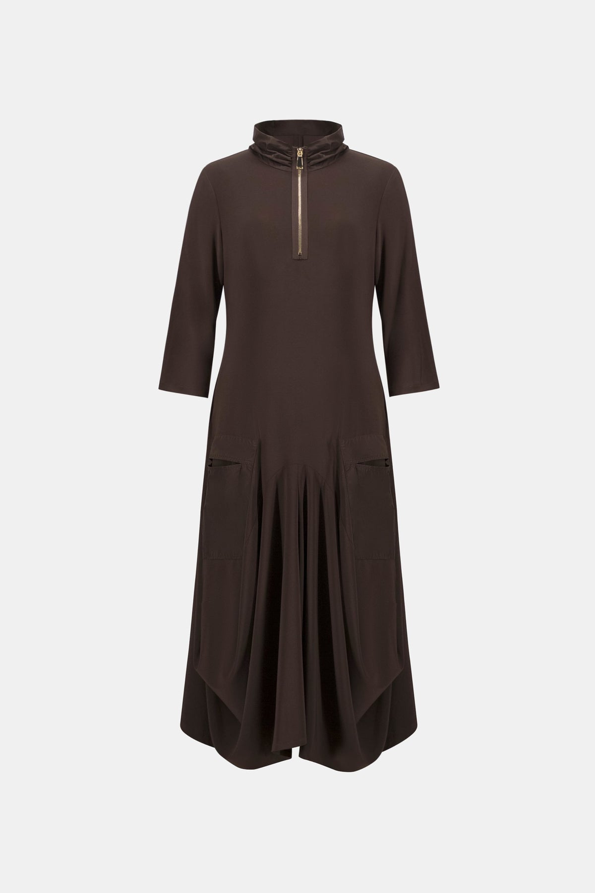 Product-only view of Joseph Ribkoff Draped Quarter-Zip Midi Dress in Mocha, style 263159