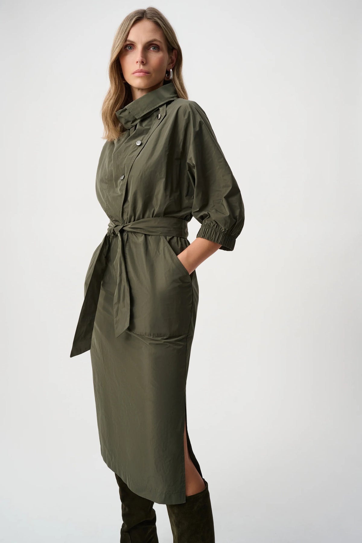 Joseph Ribkoff Cowl-Neck Belted Dress in Avocado, style 263182 three-quarter view showing the silhouette