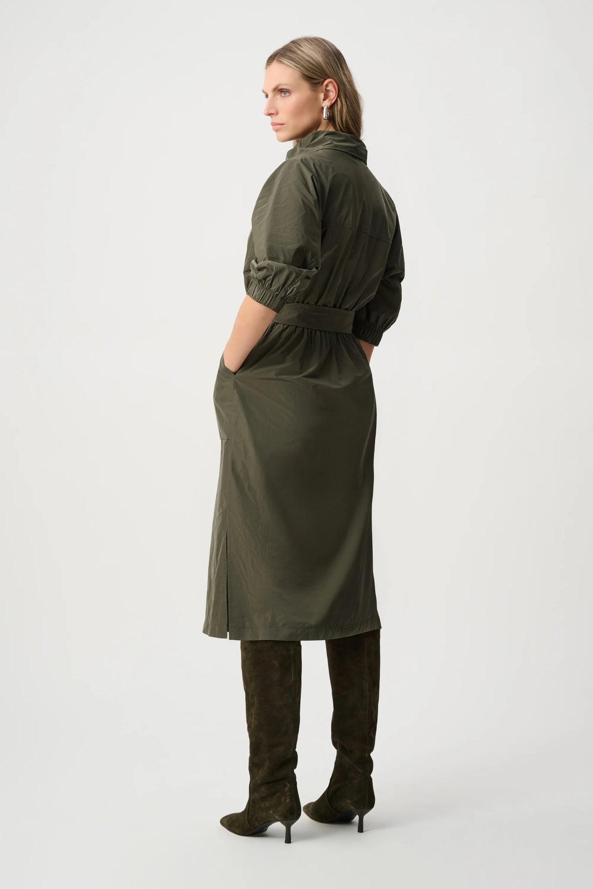 Joseph Ribkoff Cowl-Neck Belted Dress in Avocado, style 263182 back view