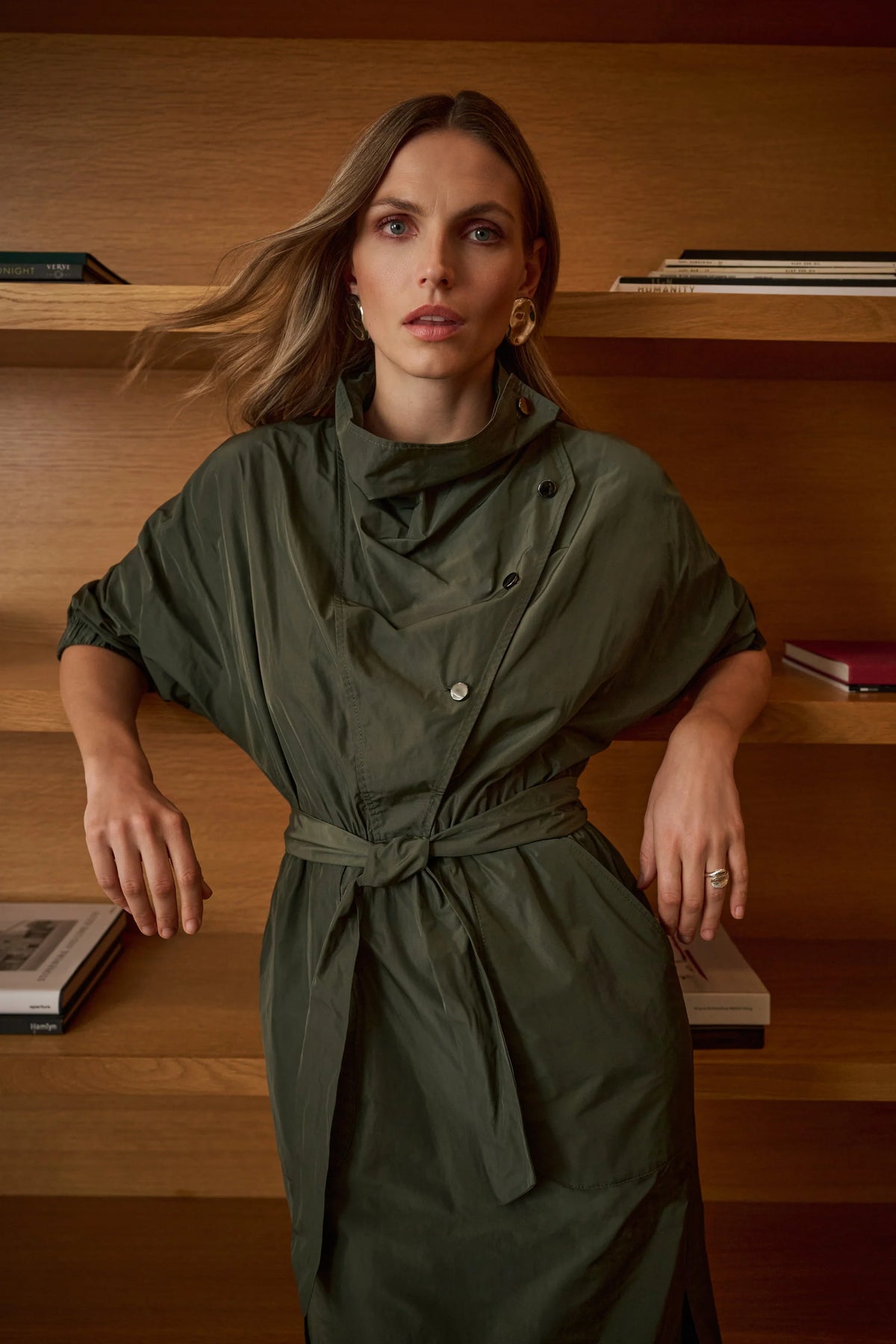 Full-length styled view of Joseph Ribkoff Cowl-Neck Belted Dress in Avocado, style 263182