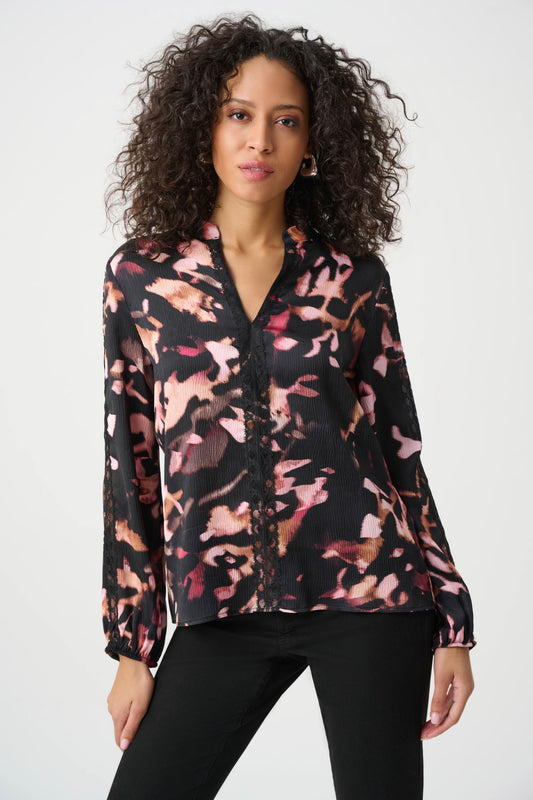 Joseph Ribkoff Textured Satin Abstract Print Top in Black/Multi, style 263201 shown from the front