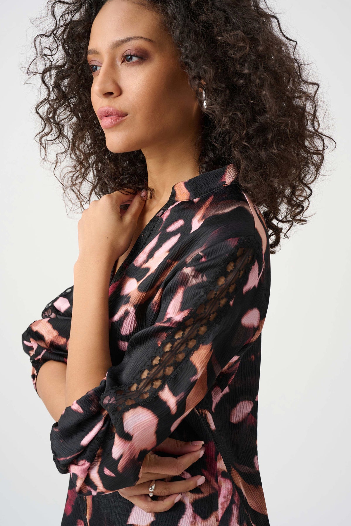Joseph Ribkoff Textured Satin Abstract Print Top in Black/Multi, style 263201 shown side angle
