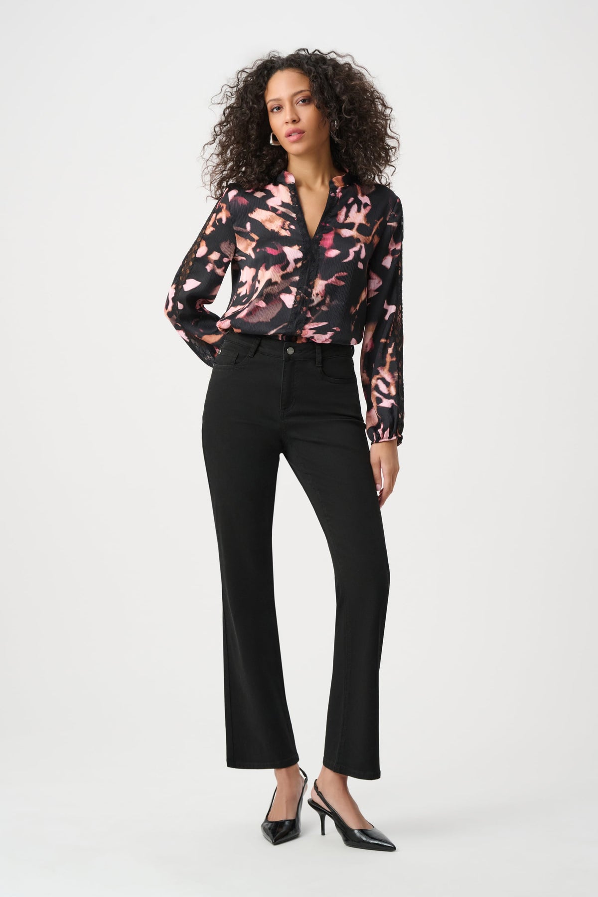 Full styled view featuring Joseph Ribkoff Textured Satin Abstract Print Top in Black/Multi, style 263201