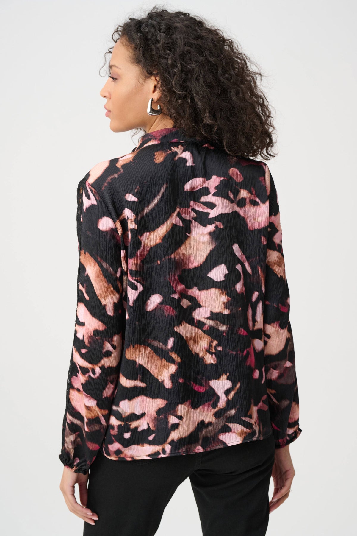 Joseph Ribkoff Textured Satin Abstract Print Top in Black/Multi, style 263201 shown from the back