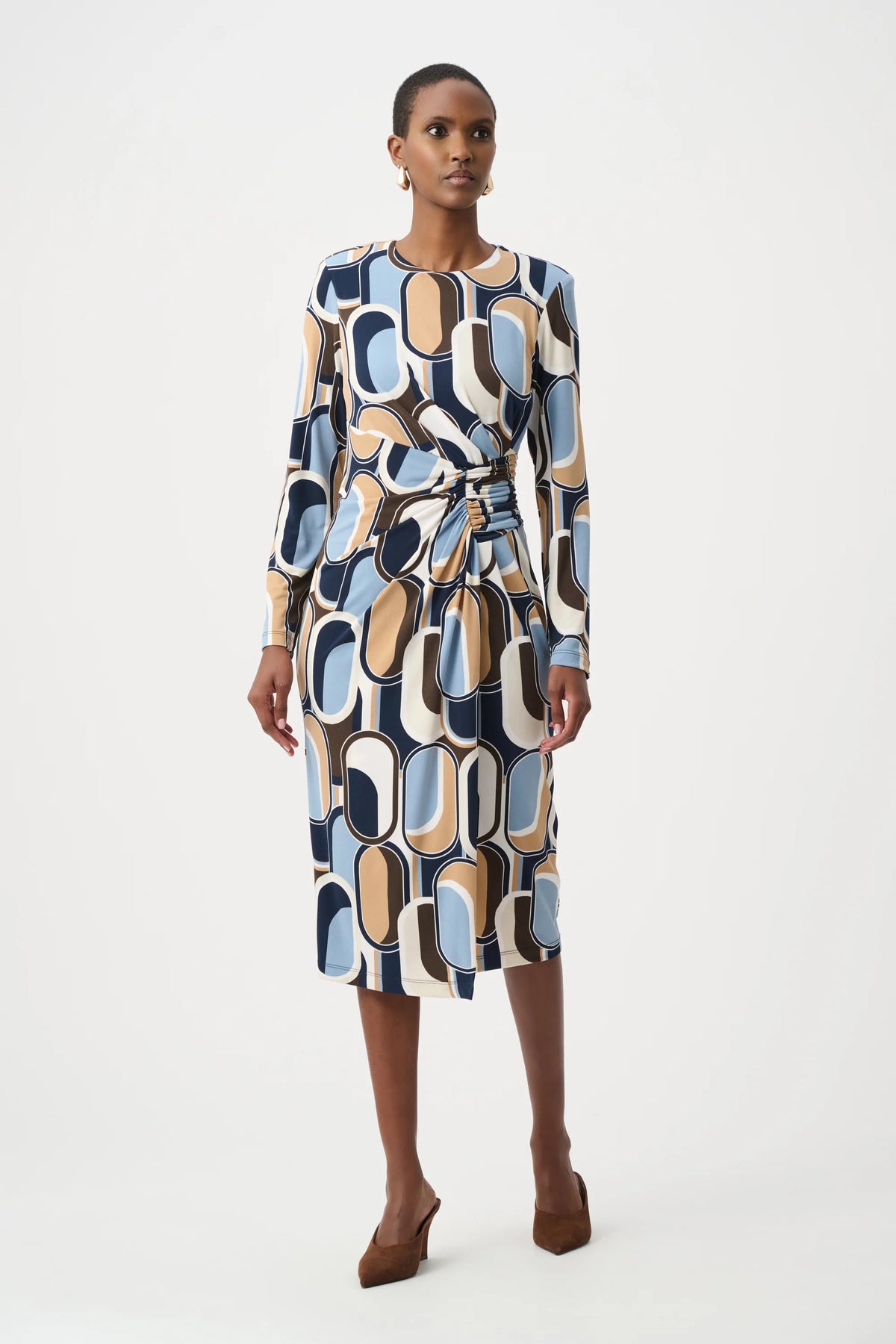 Joseph Ribkoff Silky Knit Printed Wrap Dress in Off-White/Multi, style 263218 front model view