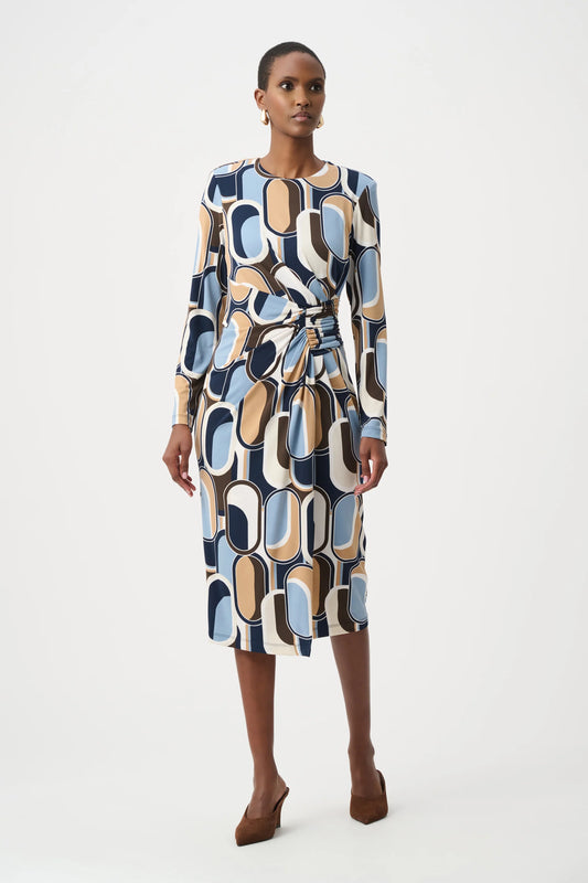 Joseph Ribkoff Silky Knit Printed Wrap Dress in Off-White/Multi, style 263218 front model view
