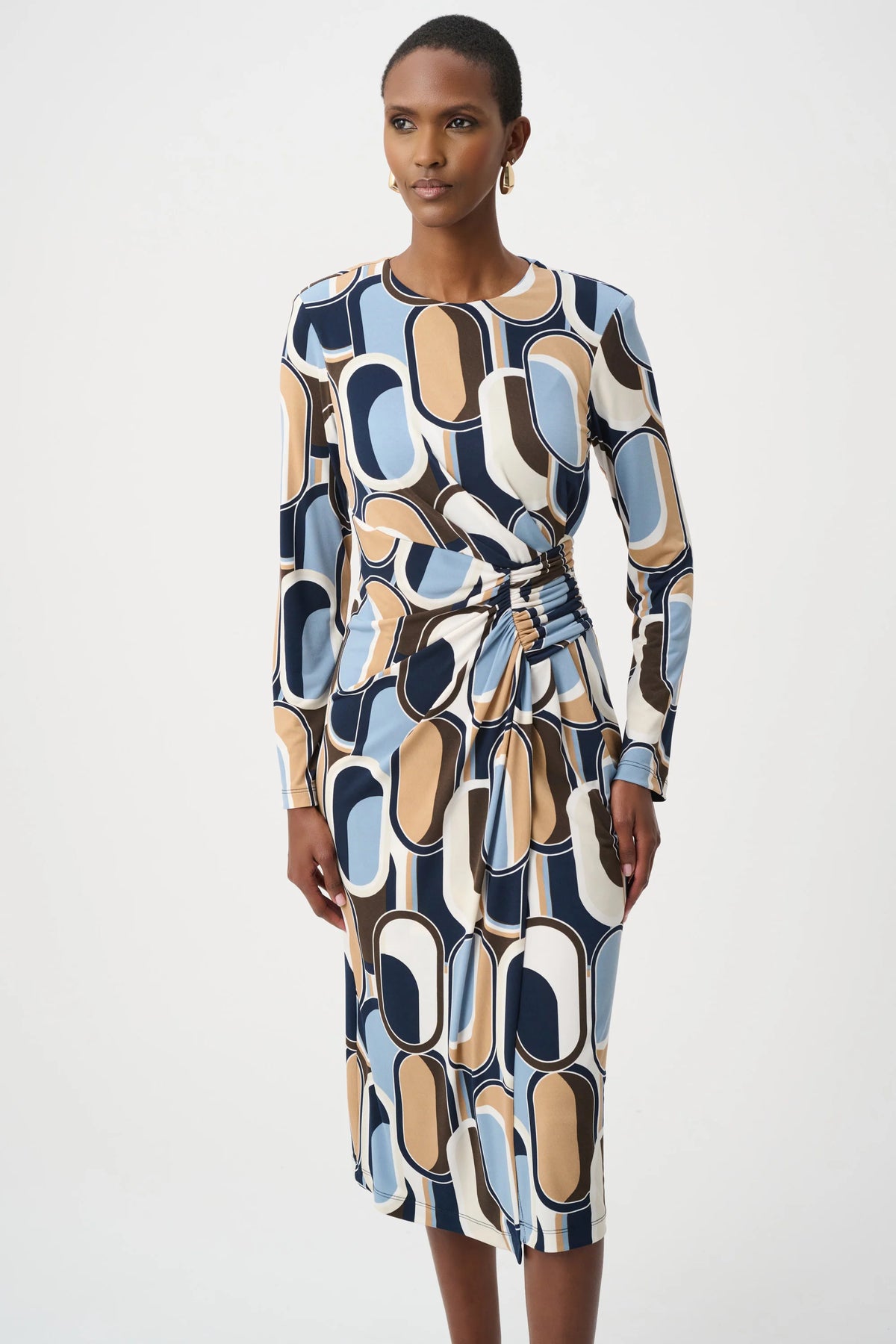 Joseph Ribkoff Silky Knit Printed Wrap Dress in Off-White/Multi, style 263218 three-quarter view showing the silhouette