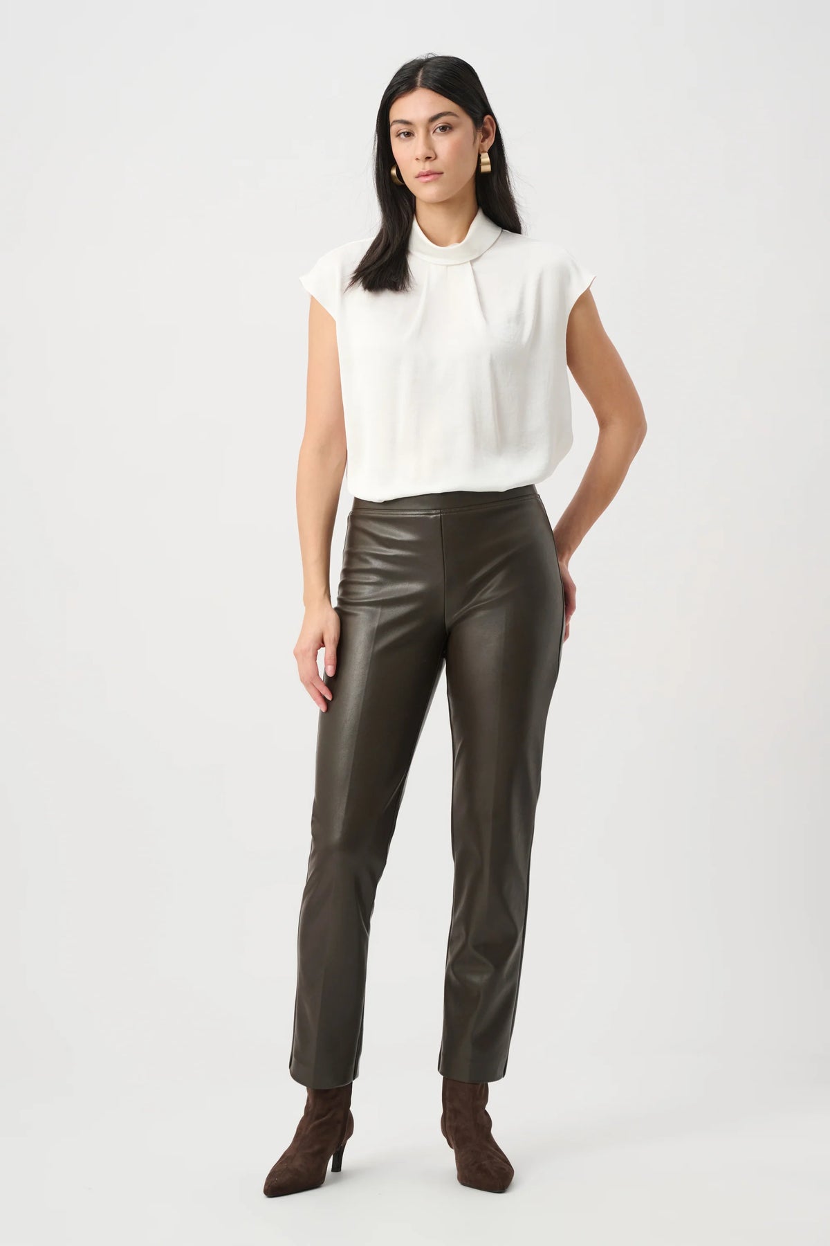 Joseph Ribkoff Bonded Leatherette Straight Pull-On Pants in Mocha, style 263232 front view