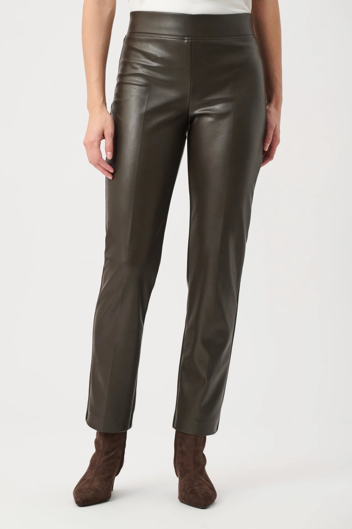 Joseph Ribkoff Bonded Leatherette Straight Pull-On Pants in Mocha, style 263232 side view showing the leg silhouette