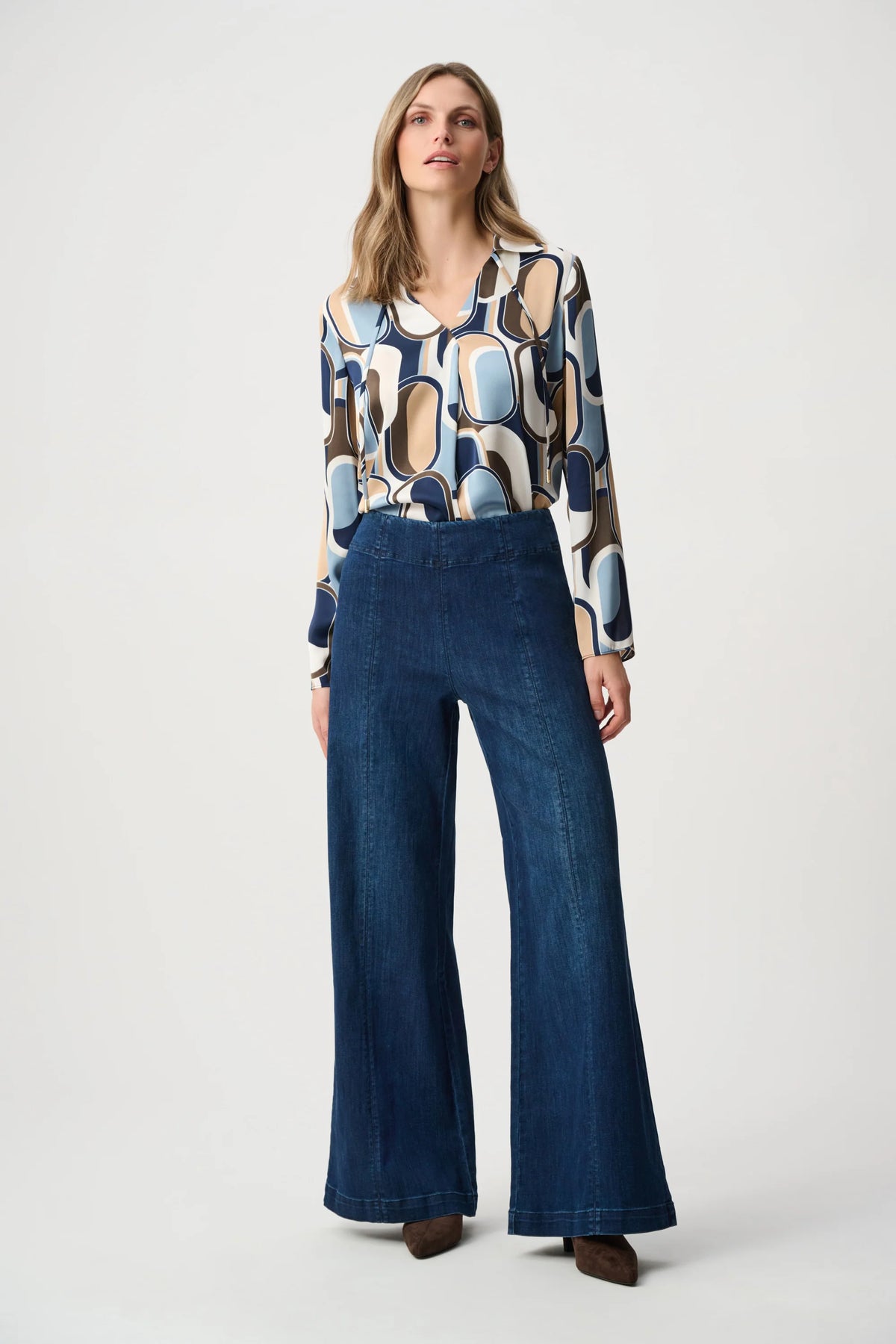 Joseph Ribkoff Featherweave Palazzo High-Rise Jeans in Dark Denim Blue, style 263901 front view