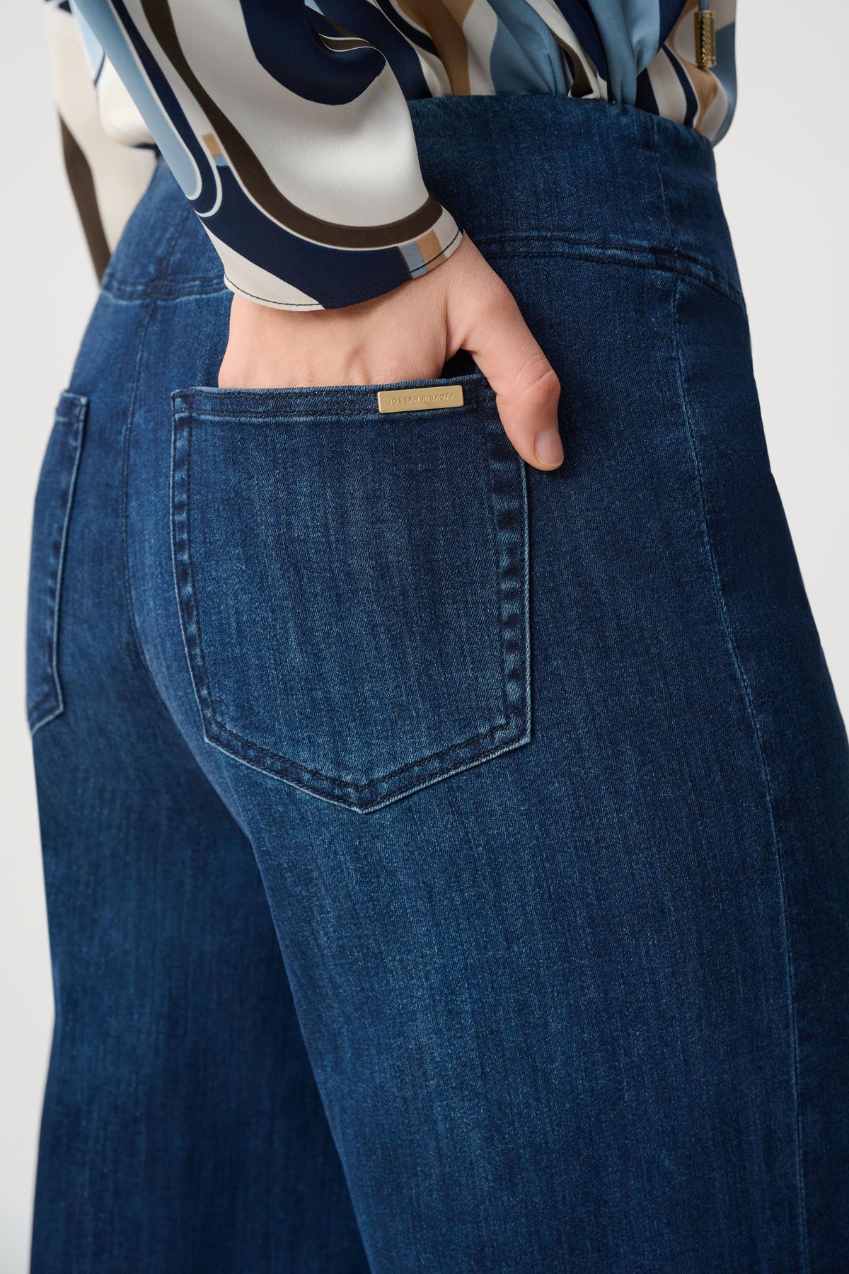 Joseph Ribkoff Featherweave Palazzo High-Rise Jeans in Dark Denim Blue, style 263901 back view