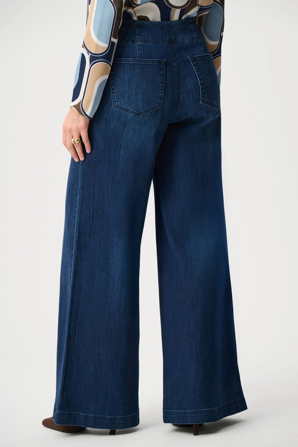 Joseph Ribkoff Featherweave Palazzo High-Rise Jeans in Dark Denim Blue, style 263901 back view full