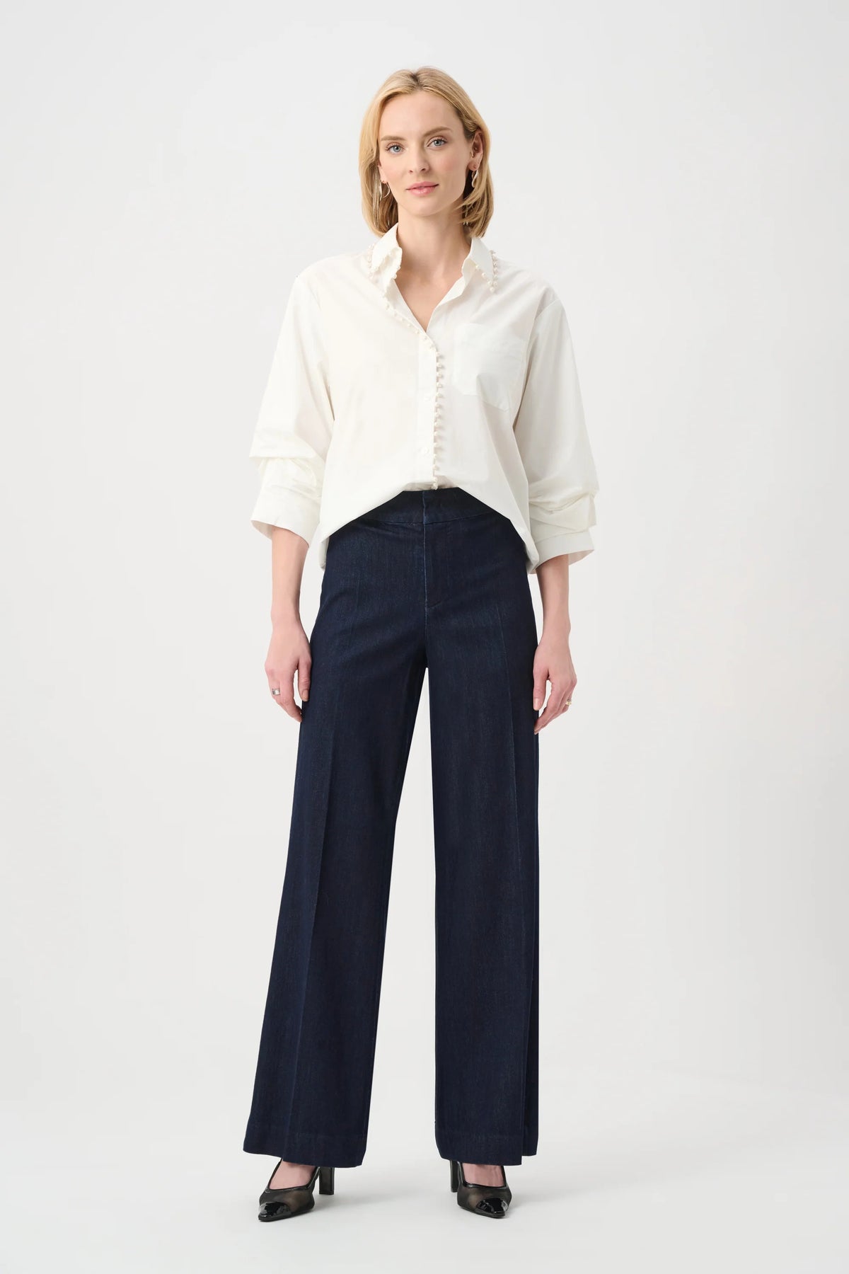 Joseph Ribkoff Chloe High-Rise Wide-Leg Jeans in Dark Denim Blue, style 263903 front view
