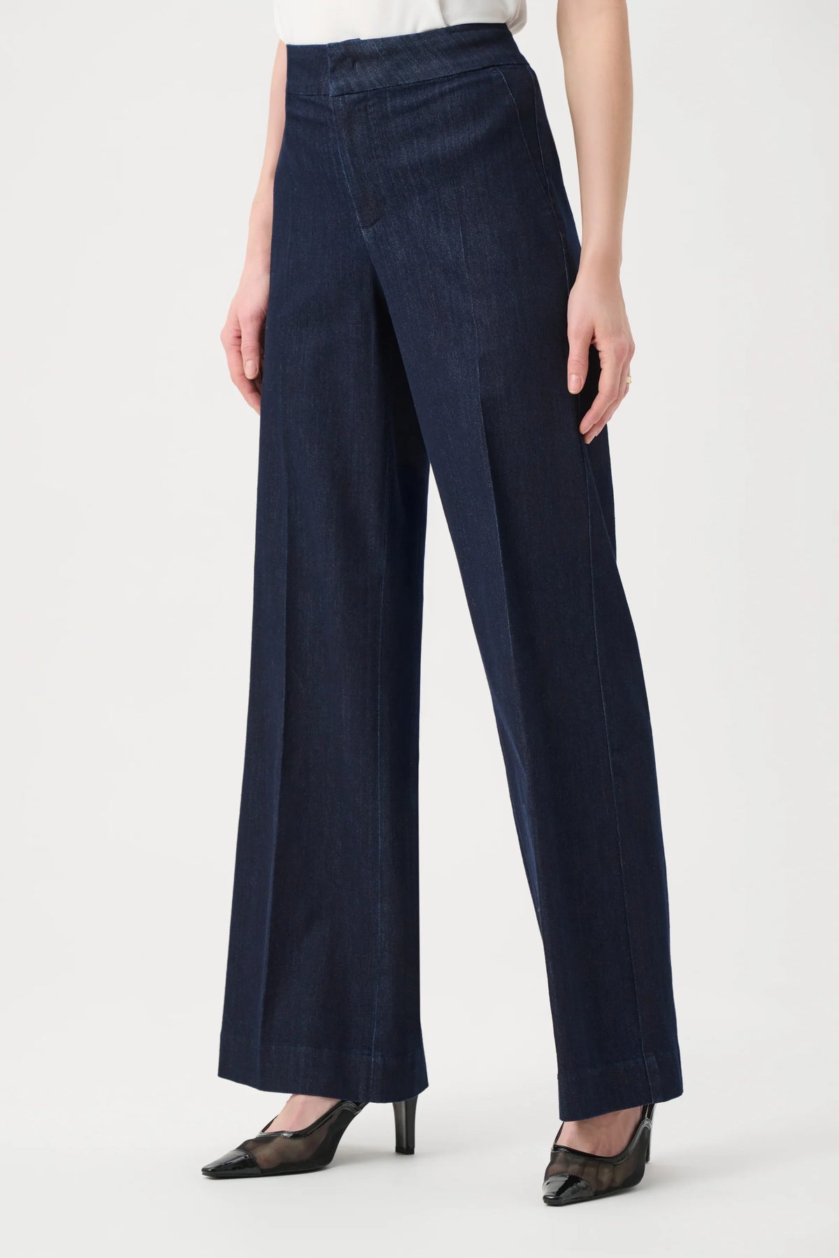 Joseph Ribkoff Chloe High-Rise Wide-Leg Jeans in Dark Denim Blue, style 263903 side view showing the leg silhouette