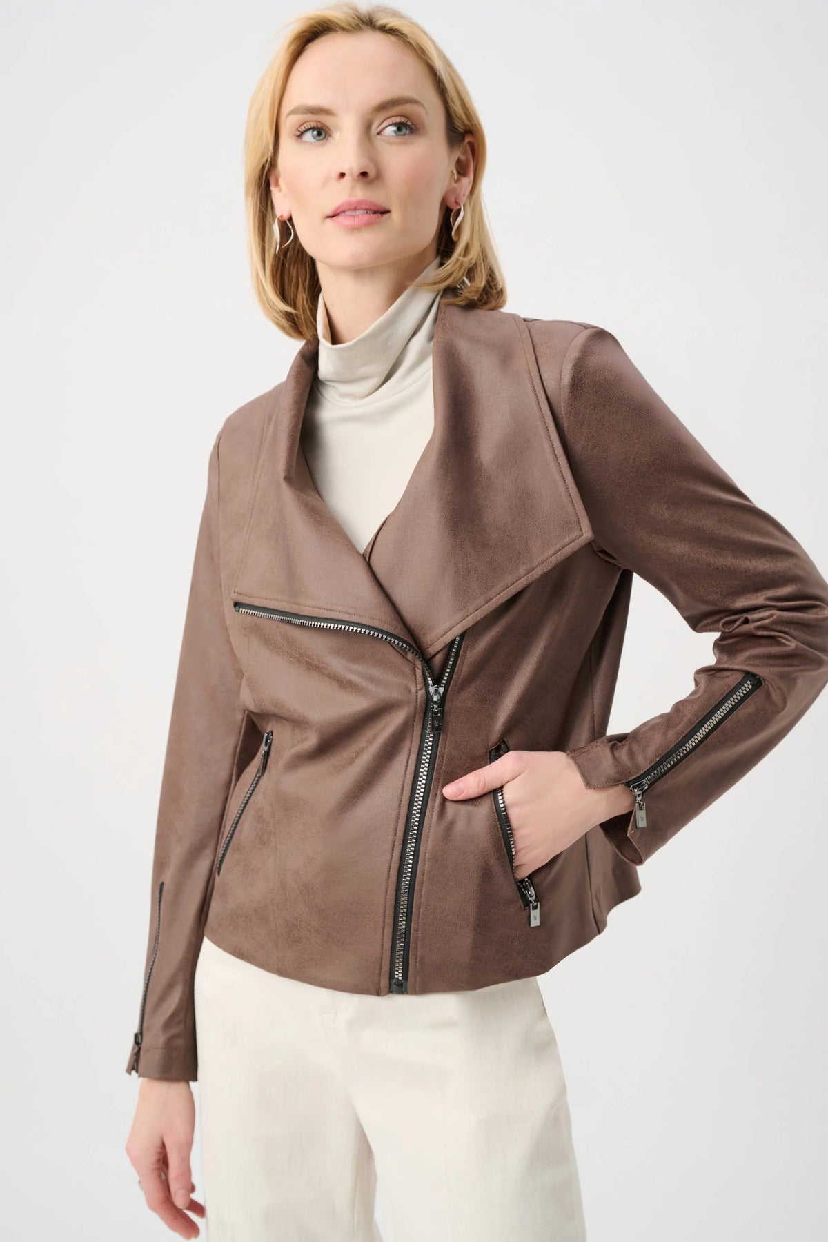 Joseph Ribkoff Foiled Fitted Moto Jacket in Mink, style 263908 shown from the front