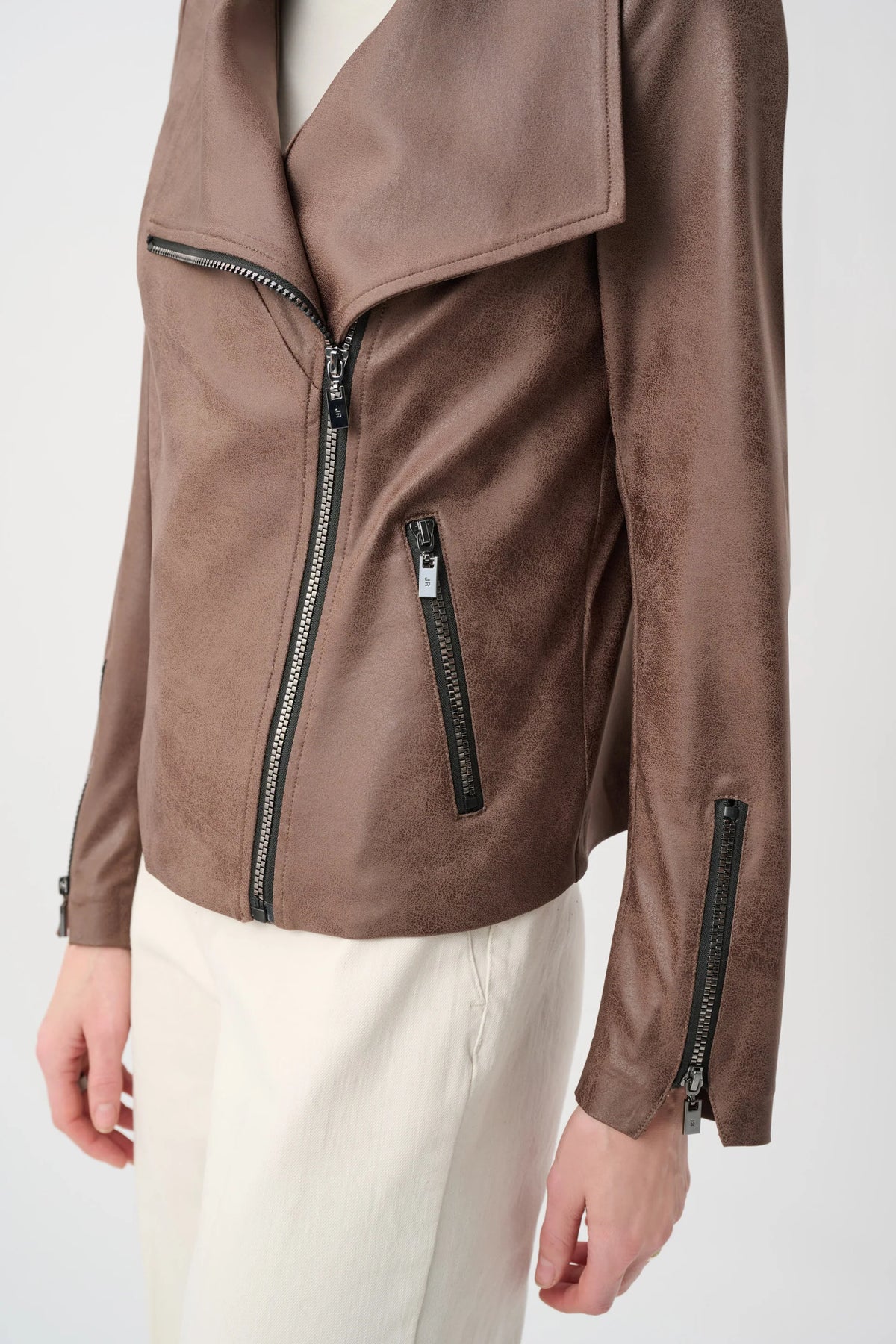 Close-up of fabric, sleeve, trim or fastening on Joseph Ribkoff Foiled Fitted Moto Jacket in Mink, style 263908
