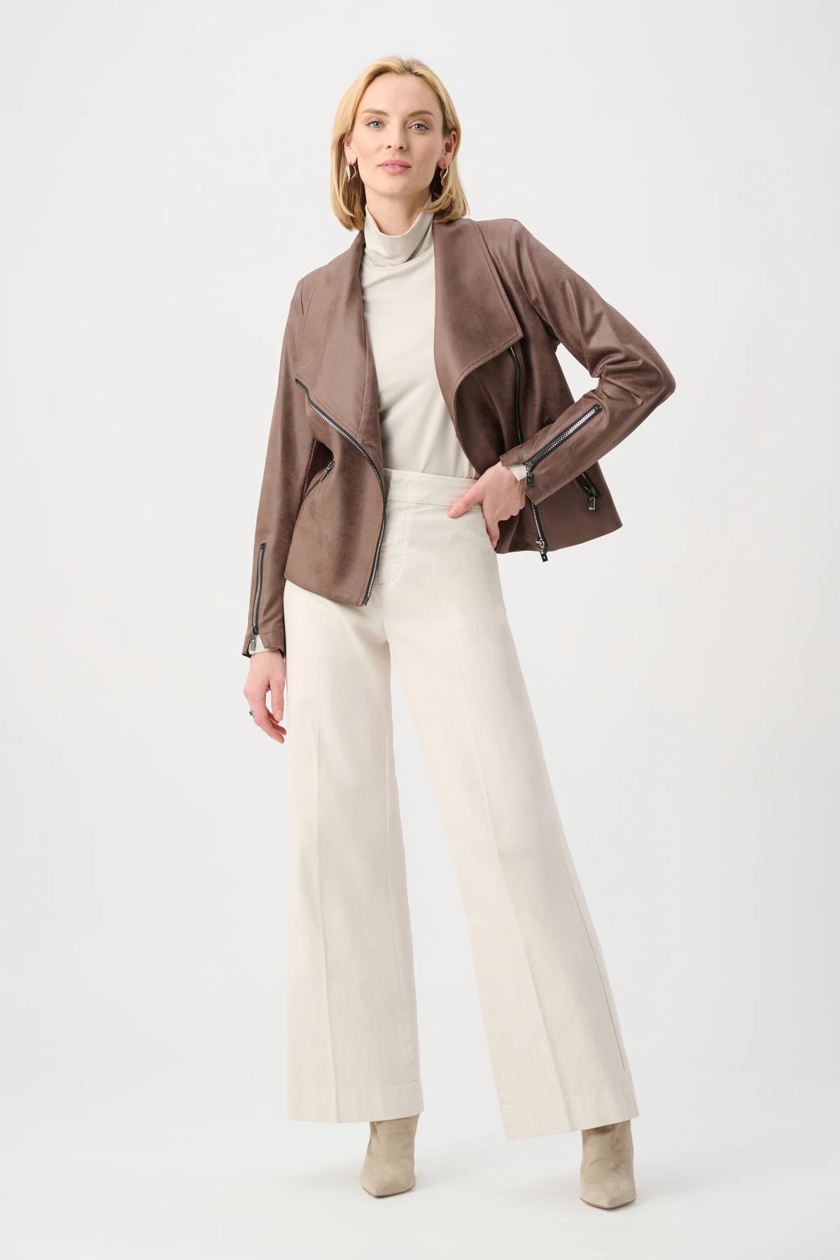 Full styled view featuring Joseph Ribkoff Foiled Fitted Moto Jacket in Mink, style 263908